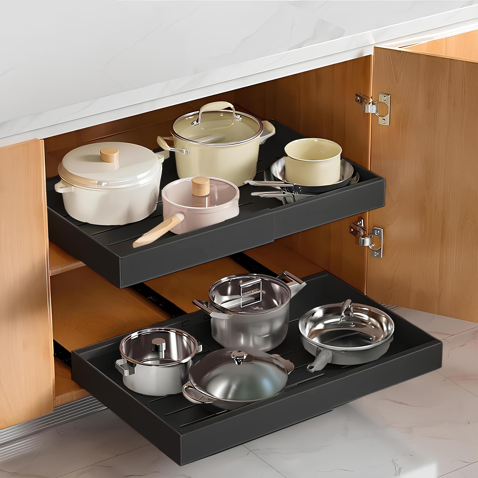 21" Deep Expandable Cabinet Organizer with Magnetic Dividers & Cleaning Brush - Black Slide-Out Drawer