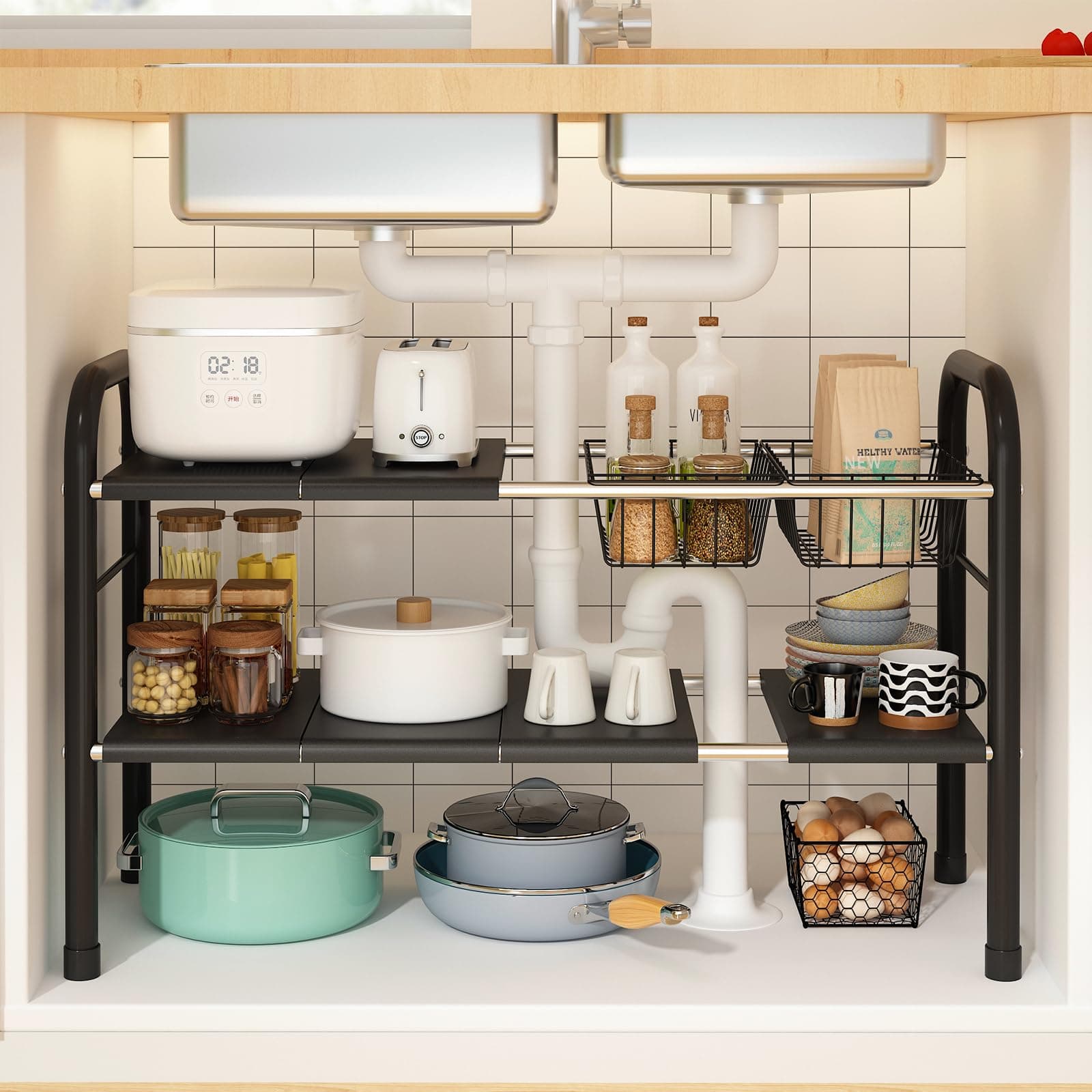 Expandable Under Sink Organizer with 2 Tiers and 2 Removable Baskets