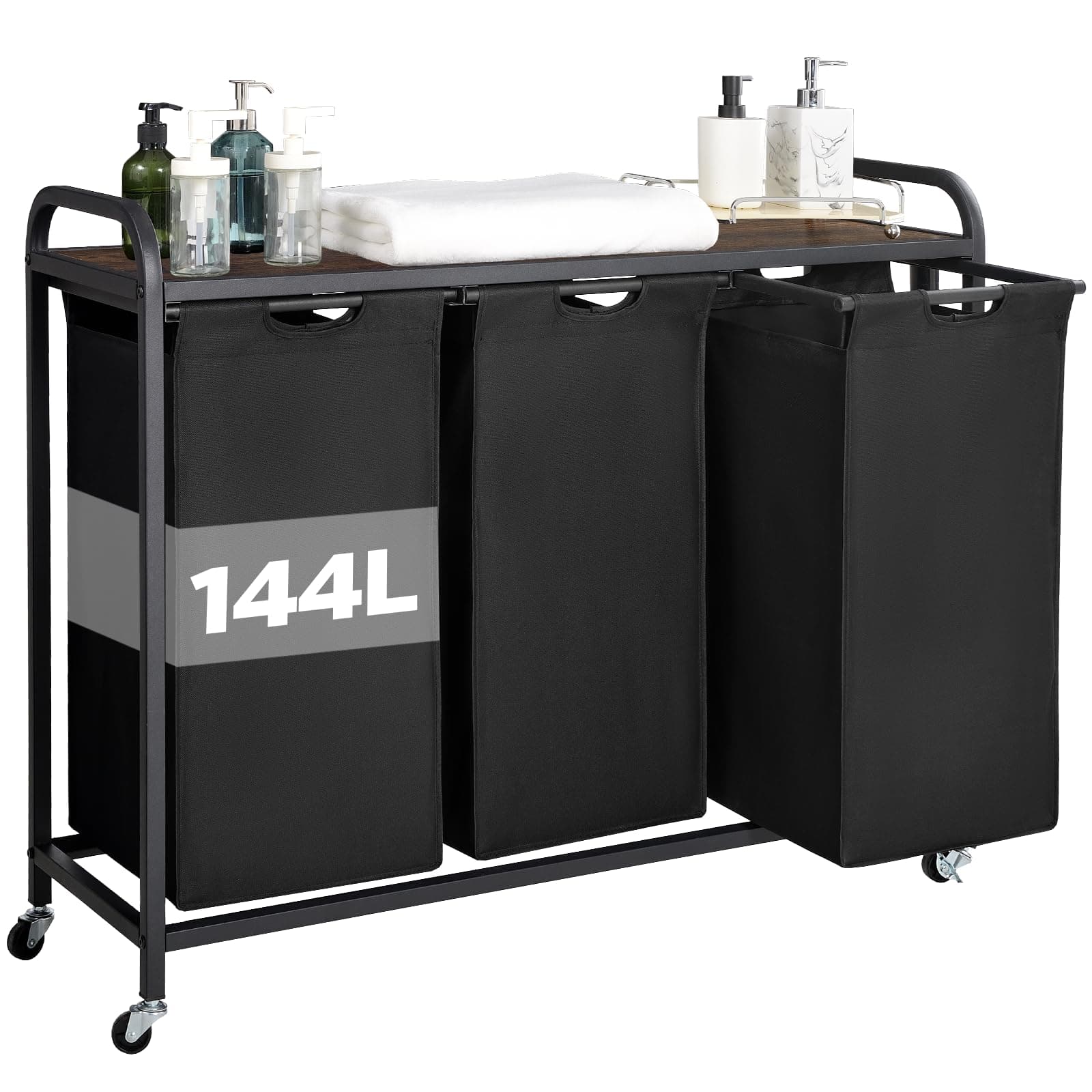 3-Section Rolling Laundry Hamper, B-BLACK, 144L Capacity