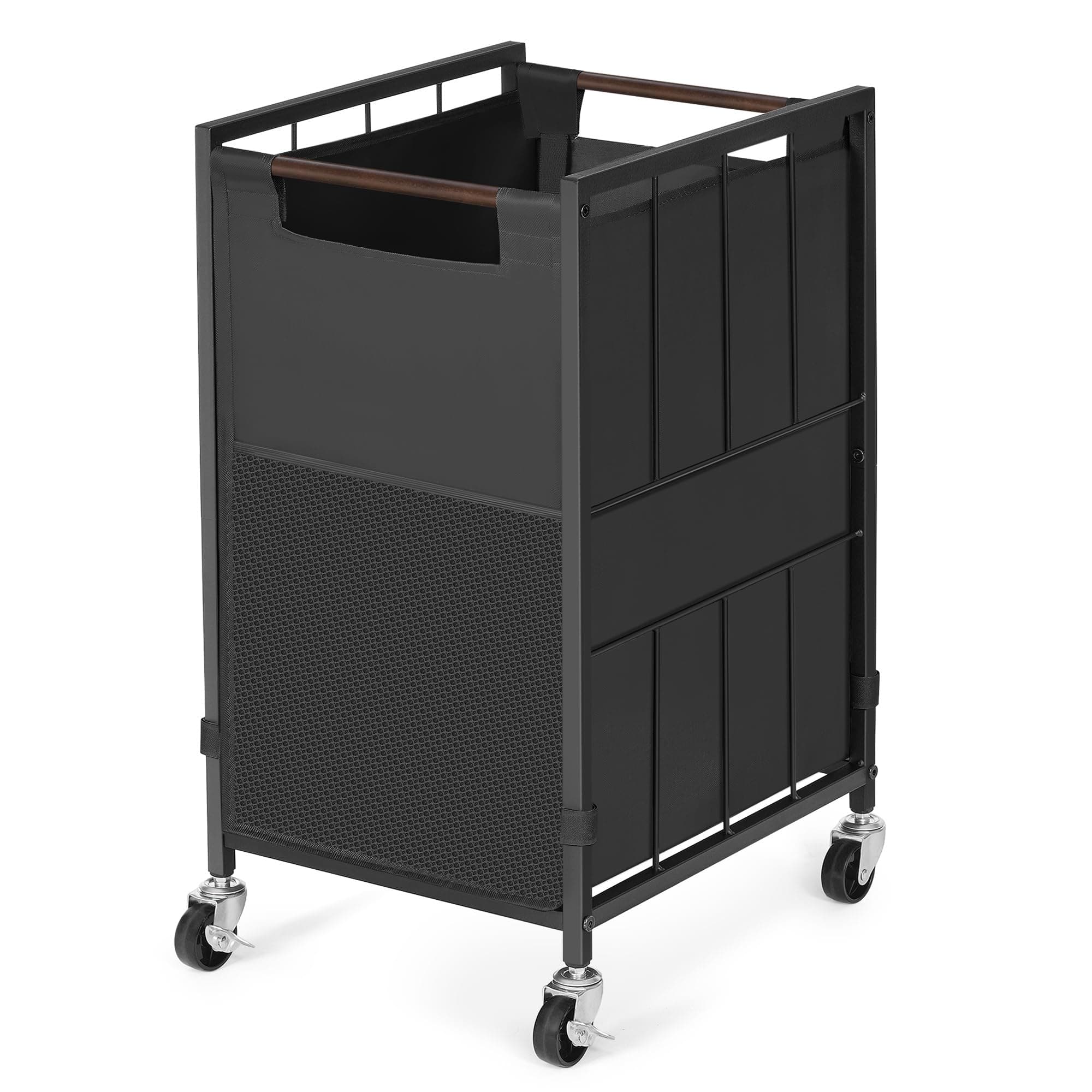 Black Laundry Hamper with Wheels & Adjustable Feet, 90L Liner & Mesh Pocket