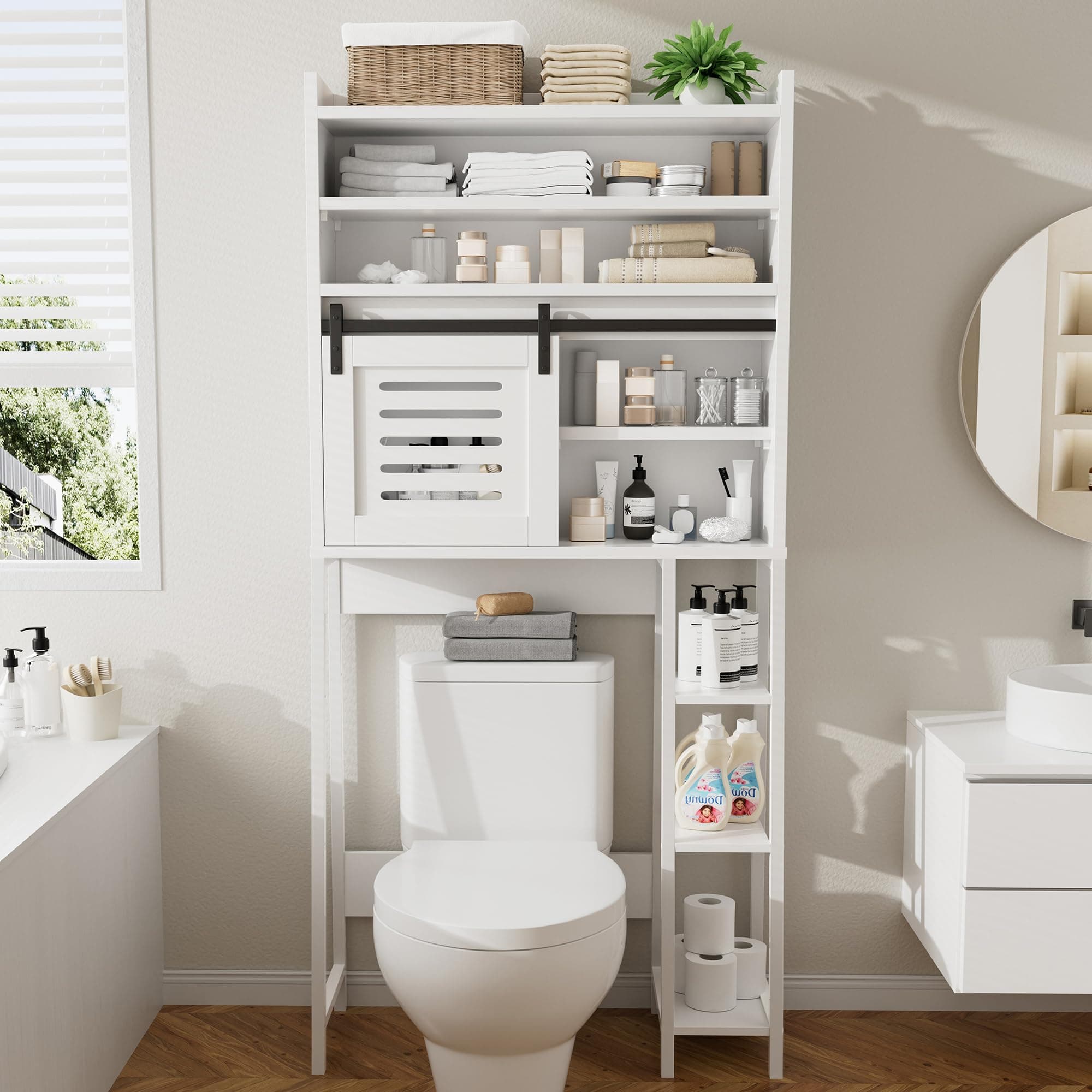 Meilocar White Freestanding Toilet Storage Cabinet with Sliding Doors