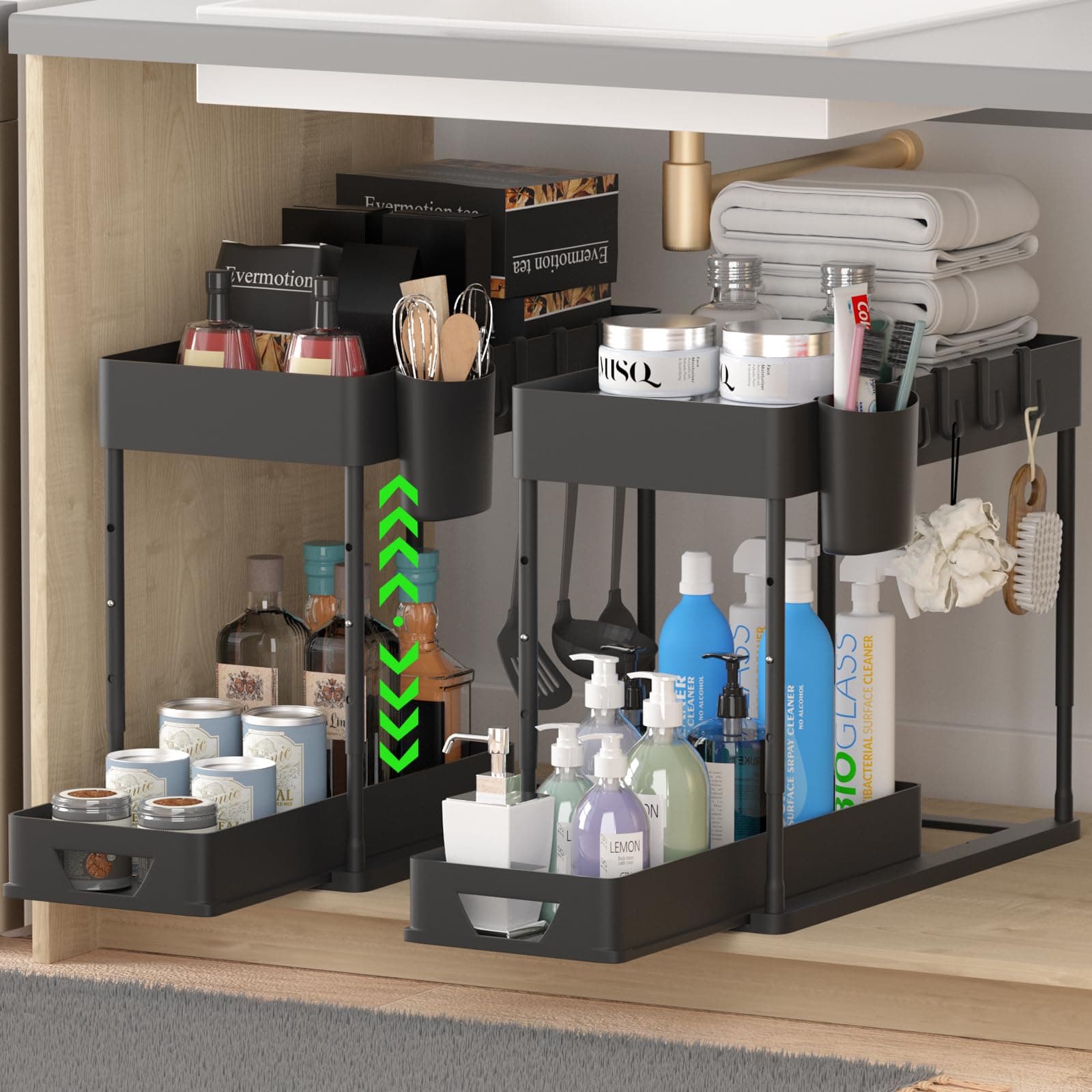 2 Pack HI NINGER Adjustable Height Under Sink Organizers with 8 Hooks & Hanging Cups
