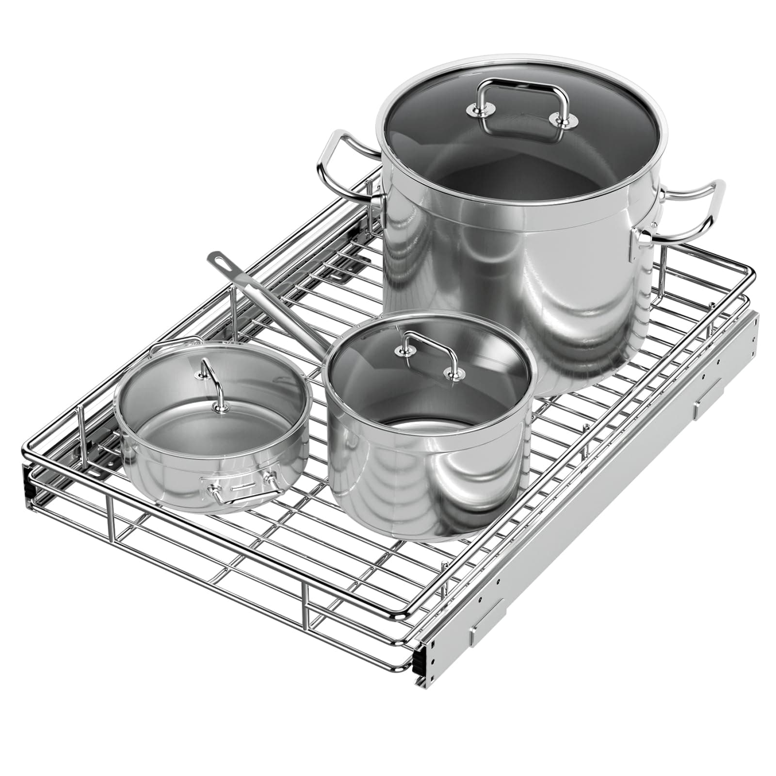 ZOINLIY Heavy Duty Pull-Out Kitchen Organizer, 14" x 21" Storage Basket, Smooth Sliding, Chrome Finish