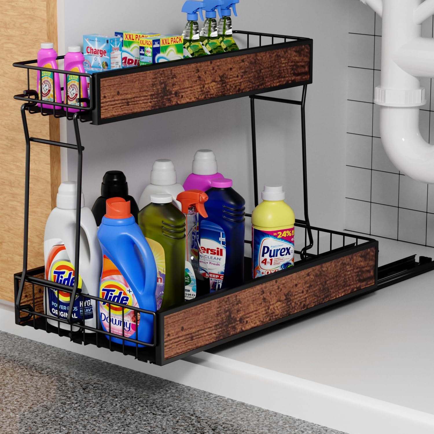 Under Sink Slide Out Organizer for Bathroom or Kitchen Storage, Black