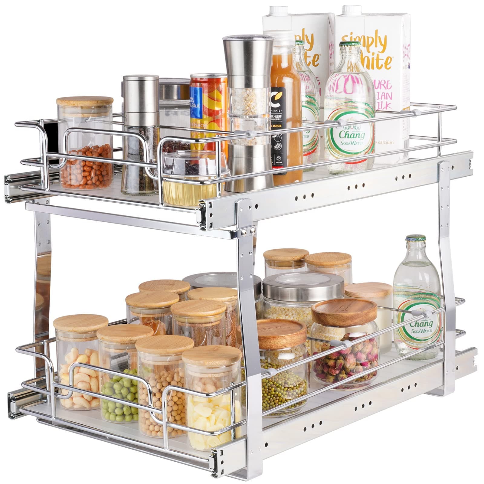 VEVOR Heavy Duty 2 Tier Pull Out Cabinet Organizer, Chrome-Plated Steel Drawer, 15"x22"x16"