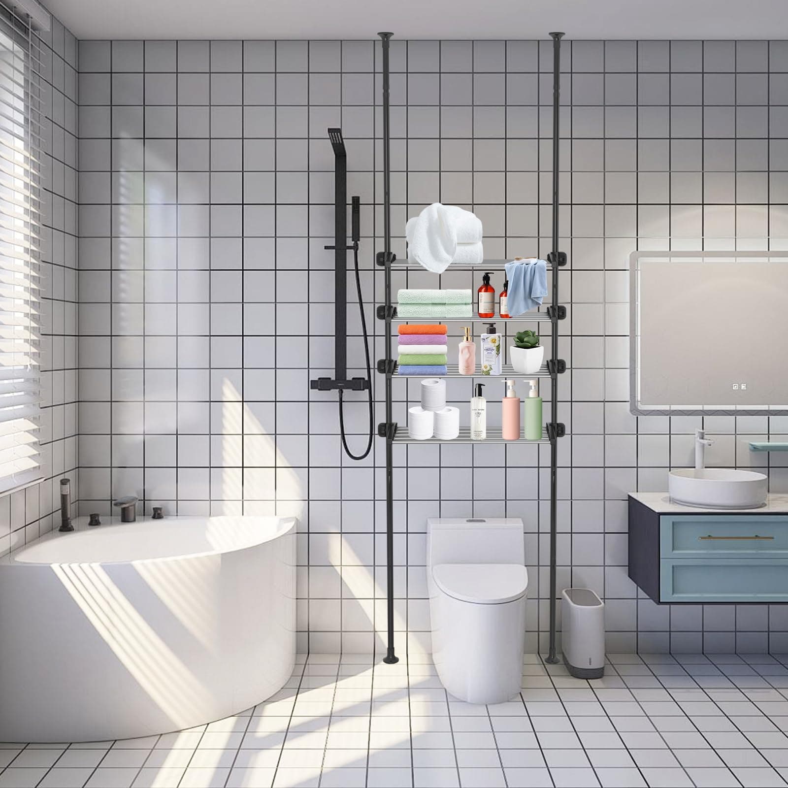 Black Adjustable 4-Tier Bathroom Organizer Over the Toilet Space Saver