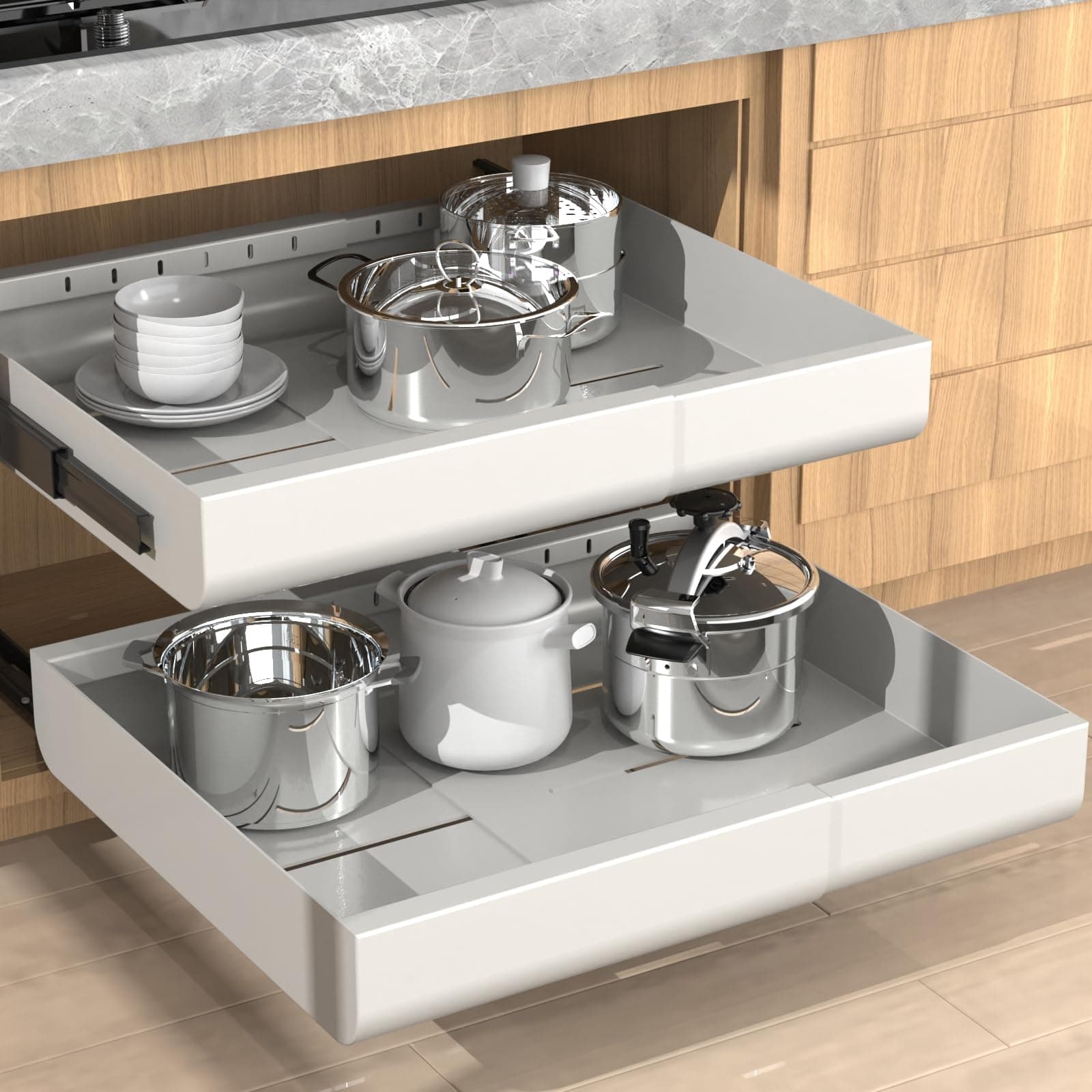 21" Expandable Pull-Out Cabinet Organizers with Divider Racks and Peel and Stick Rails