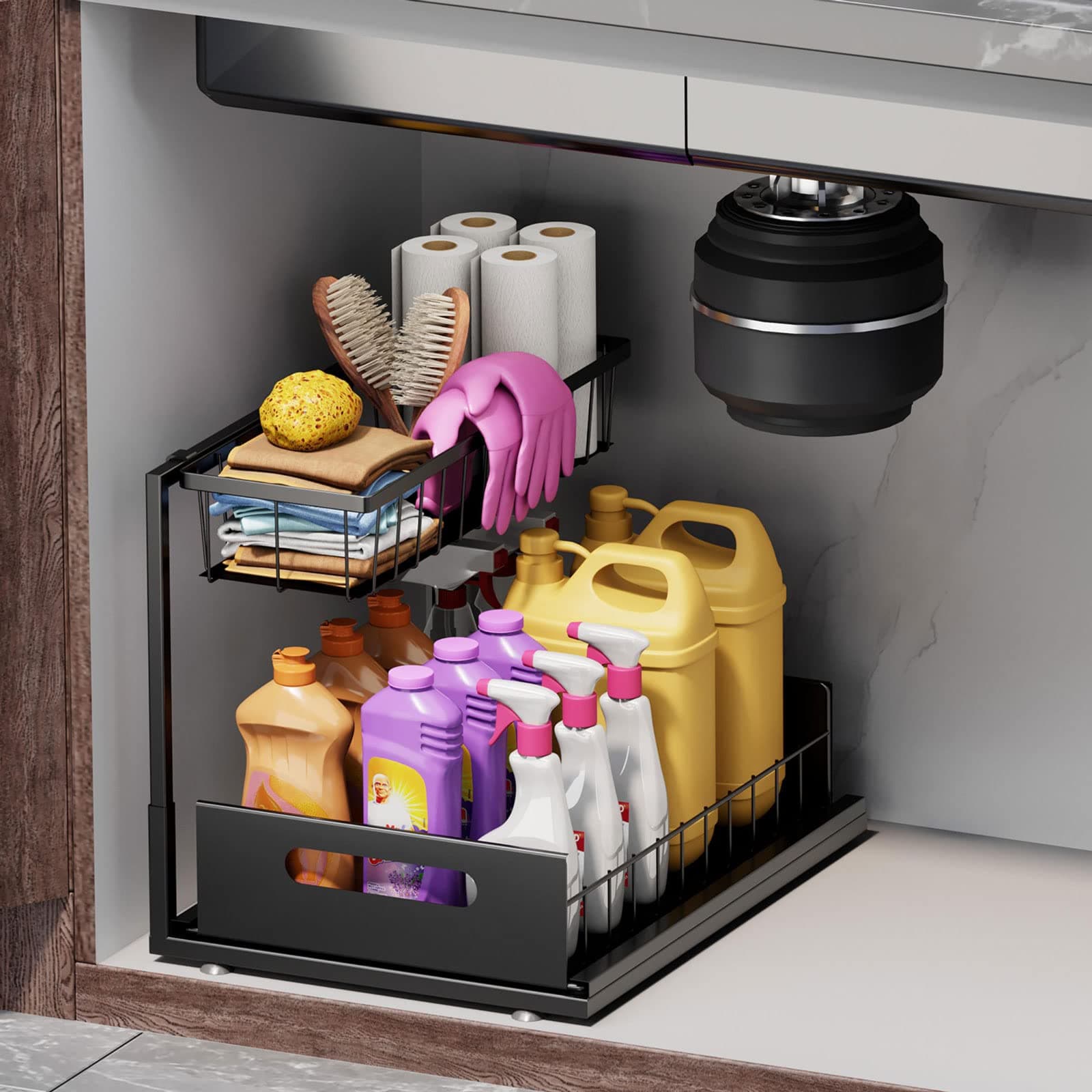 2-Tier Black Kitchen Cabinet Organizer Under Sink Storage (Sturdy Metal, 1 Pack)