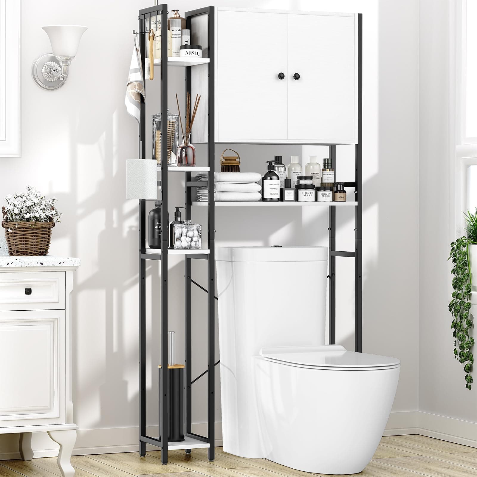 White Non-Slip Freestanding Toilet Cabinet with 4-Tier Shelves & Hooks