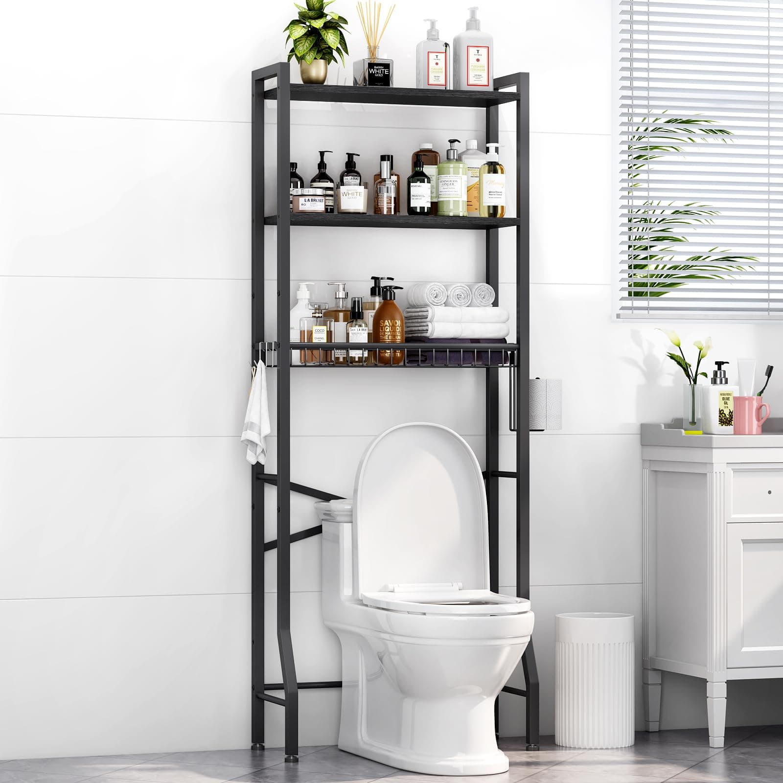Black 3-Tier Over-Toilet Organizer Shelf with Basket (Freestanding)