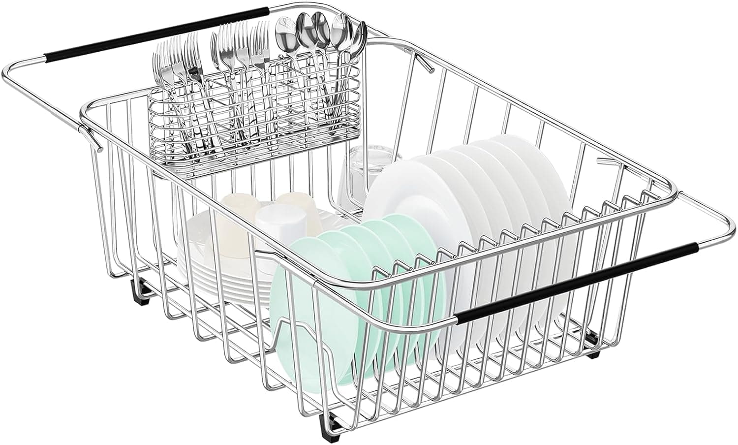 Adjustable 304 Stainless Steel Sink Dish Drier Rack with Utensil Holder