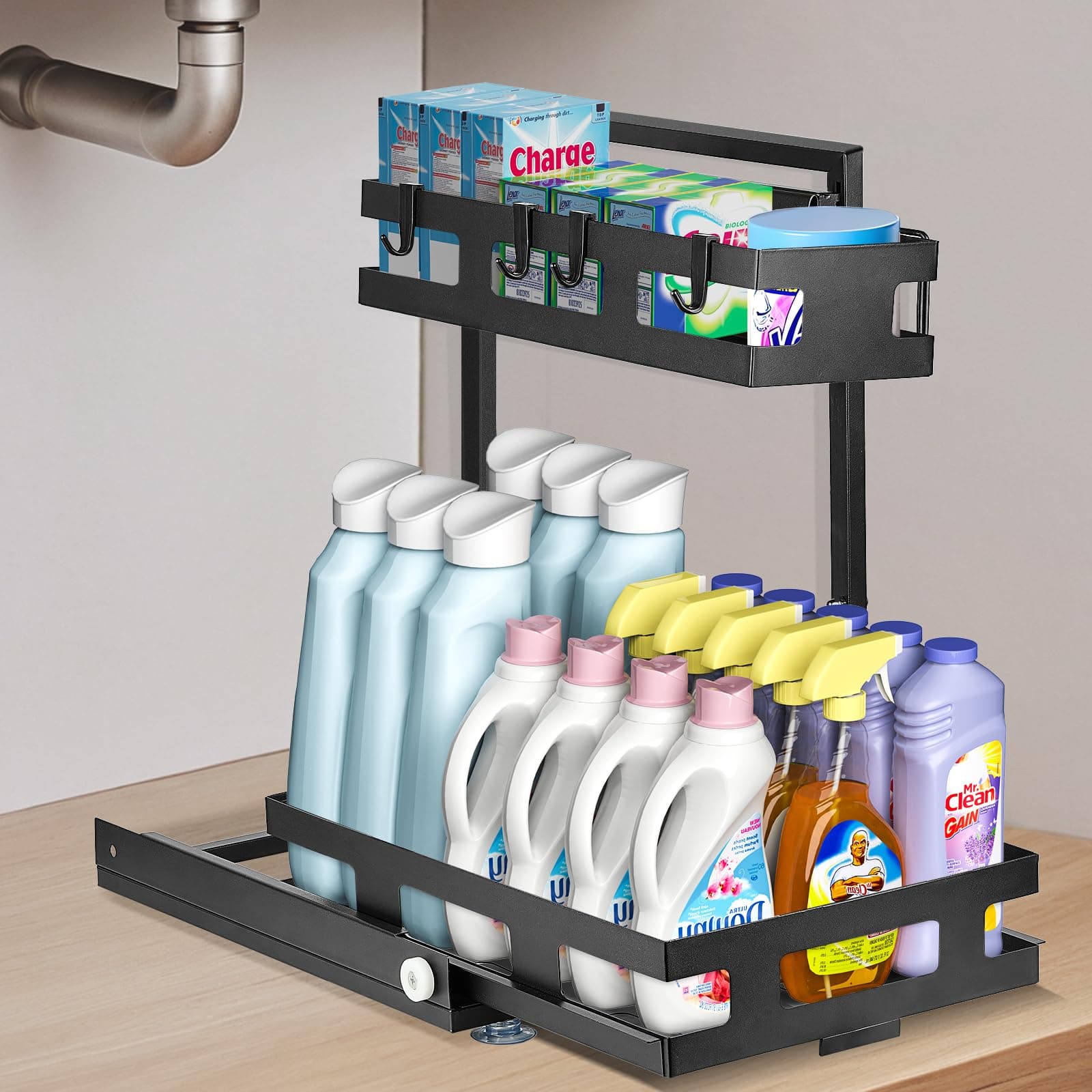 LBTING 2 Tier L-Shaped Metal Under Sink Organizer with Drawer - Black