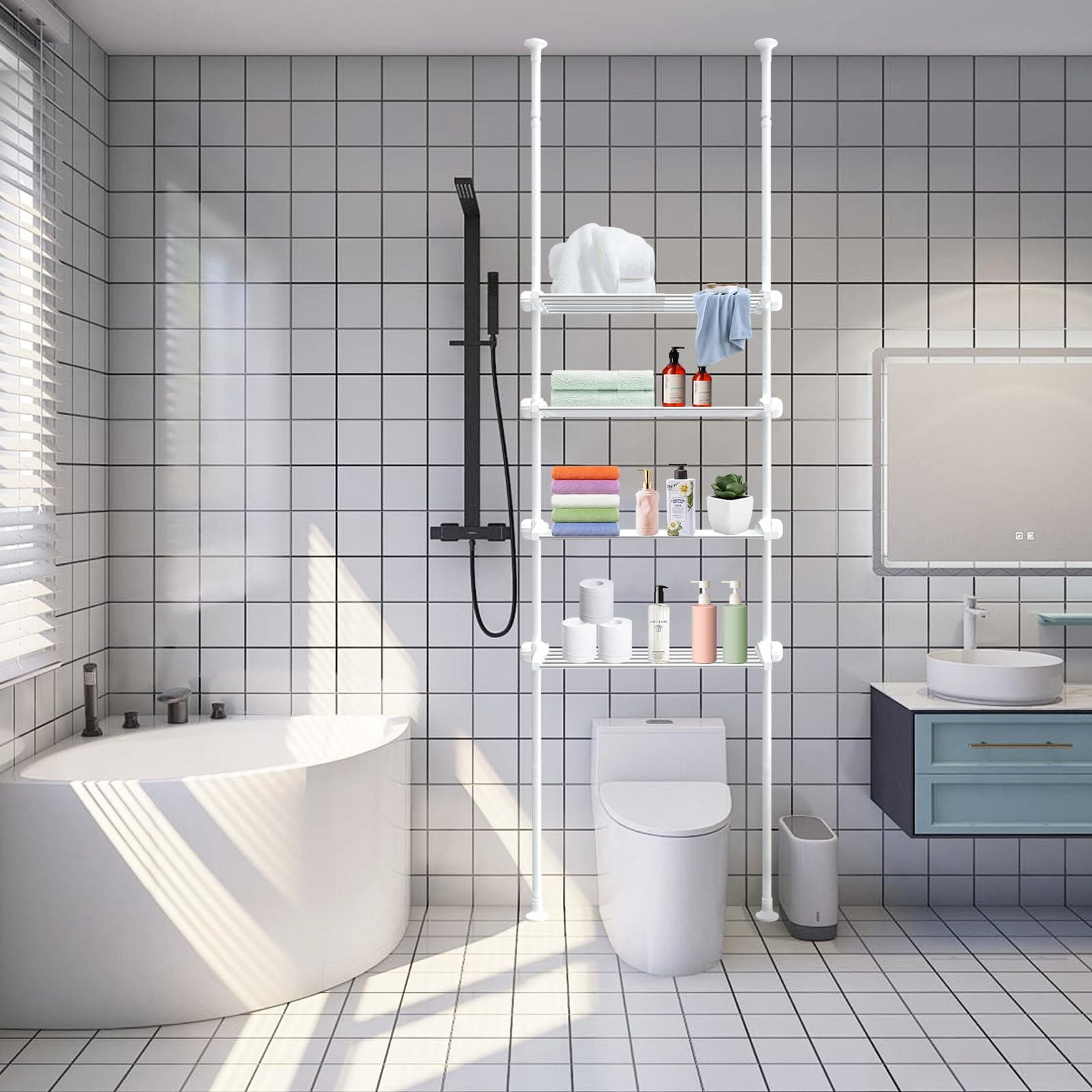 White Bathroom Space Saver Shelf with Adjustable Rack