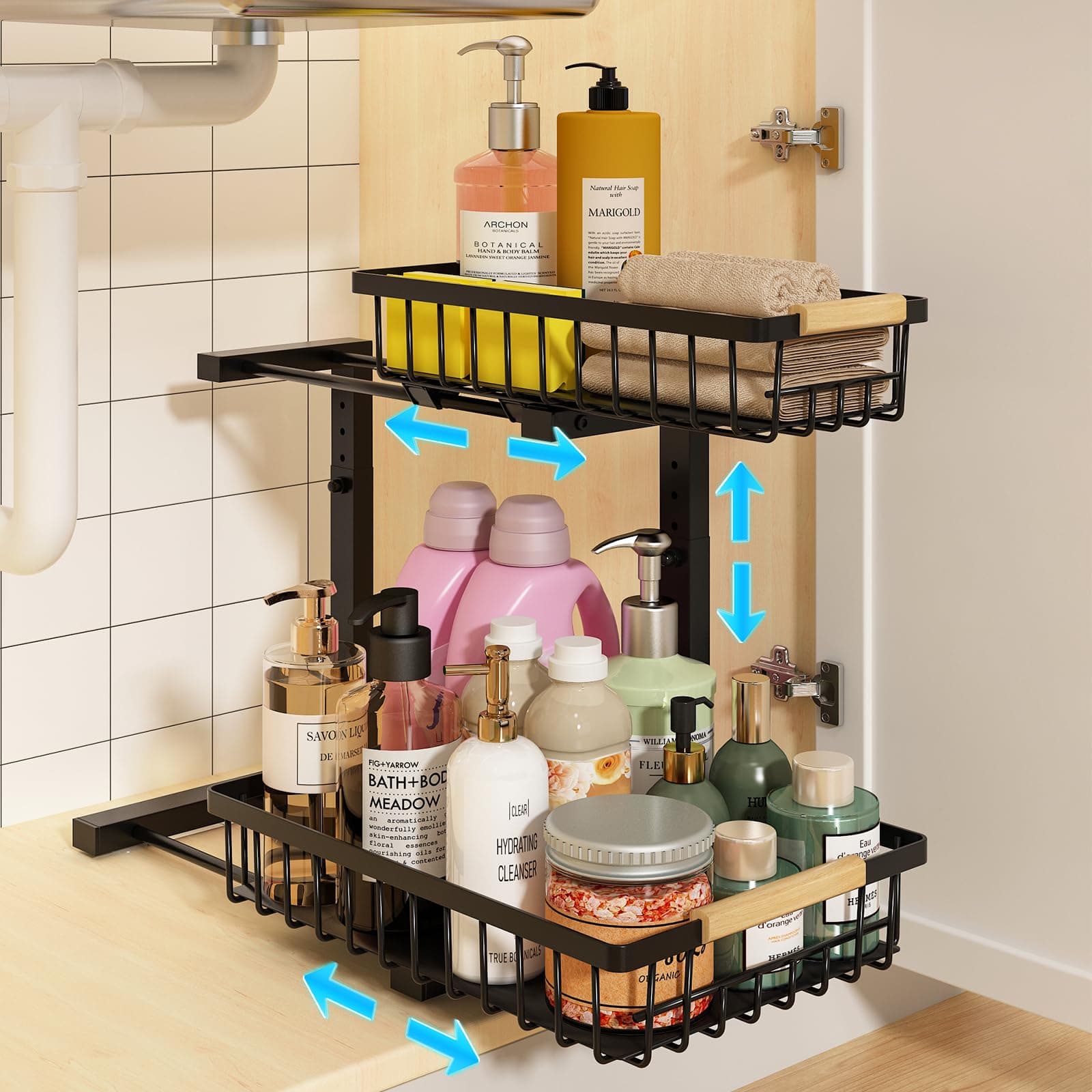 REALINN Height Adjustable Under Sink Organizer, 2 Tier Pull Out Cabinet Storage for Kitchen & Bathroom