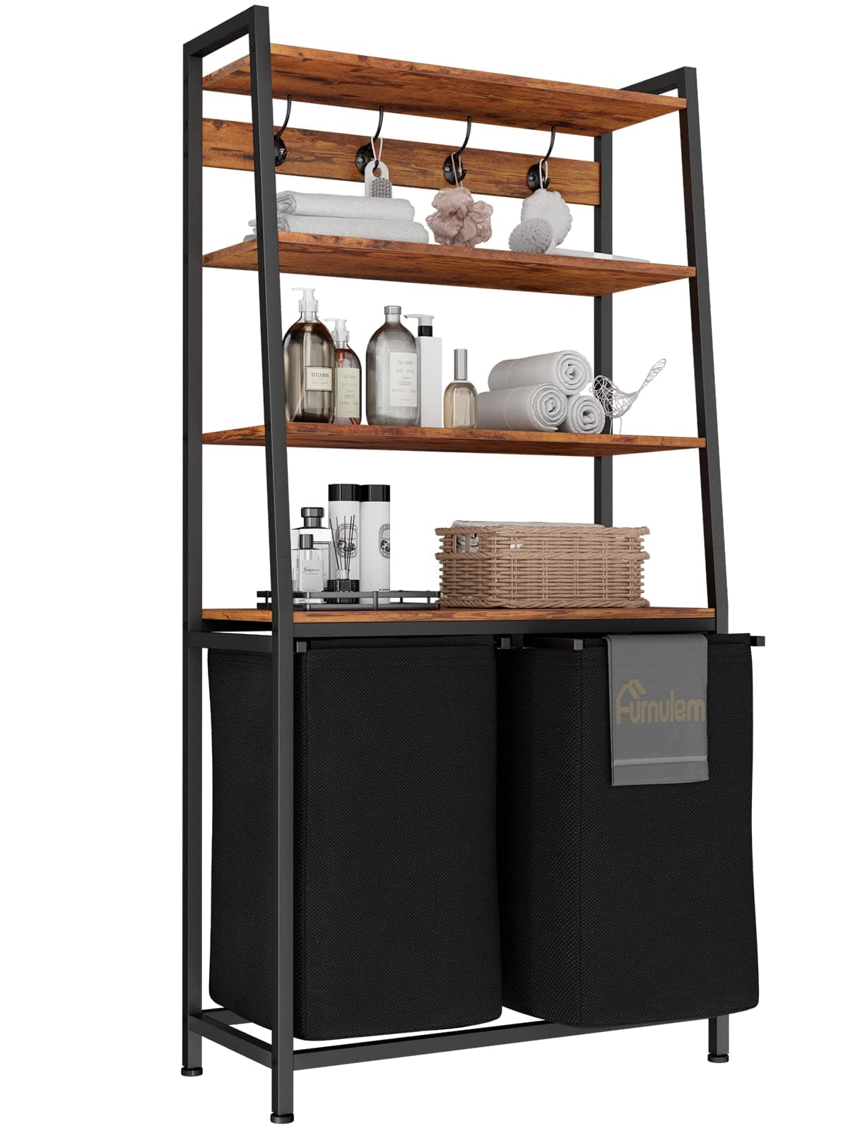 Laundry Hamper with Shelf, Hooks, and Removable Bags: For Laundry Room, Bathroom, Bedroom