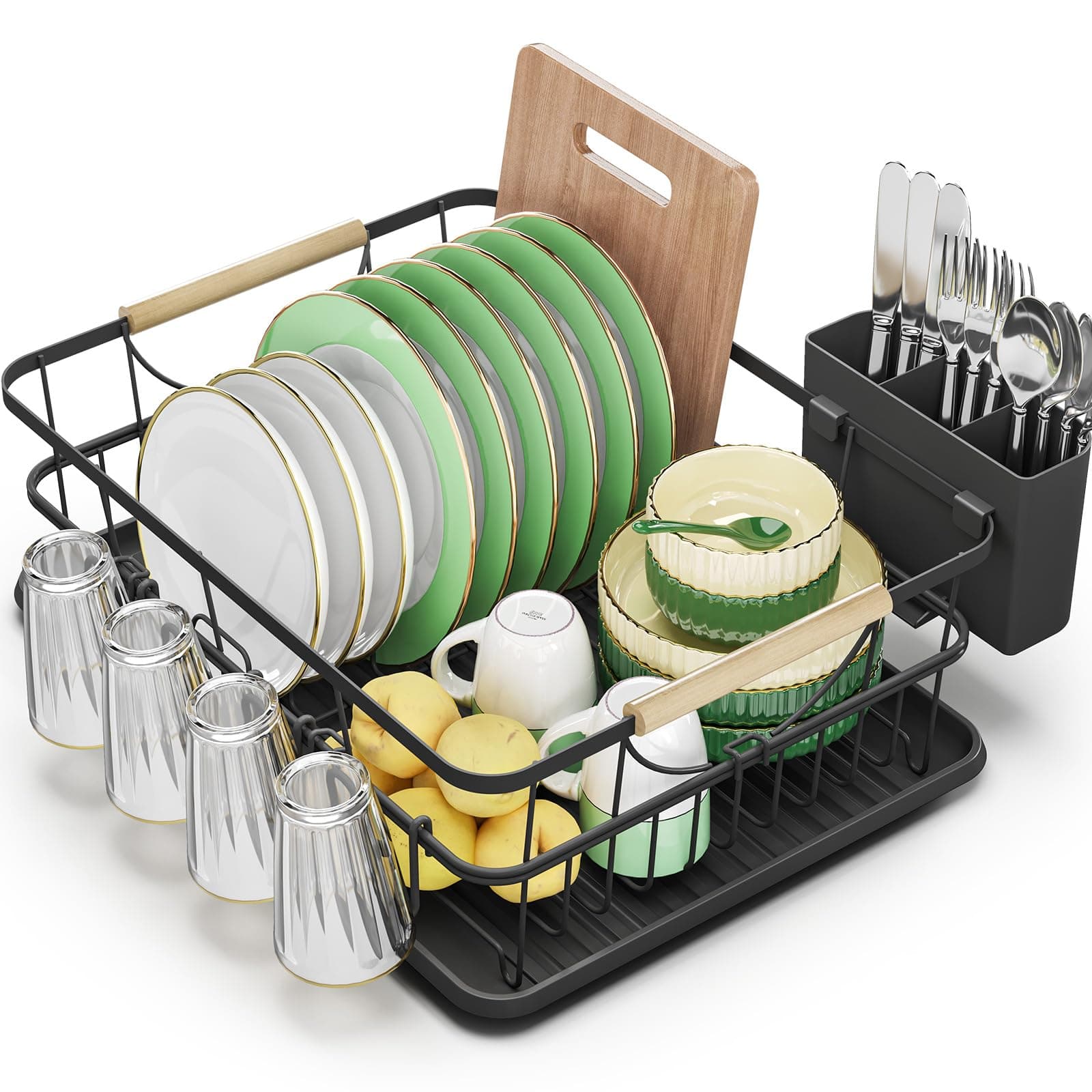 Black High-Sided Dish Drying Rack with Utensil Holder for Kitchen Counter