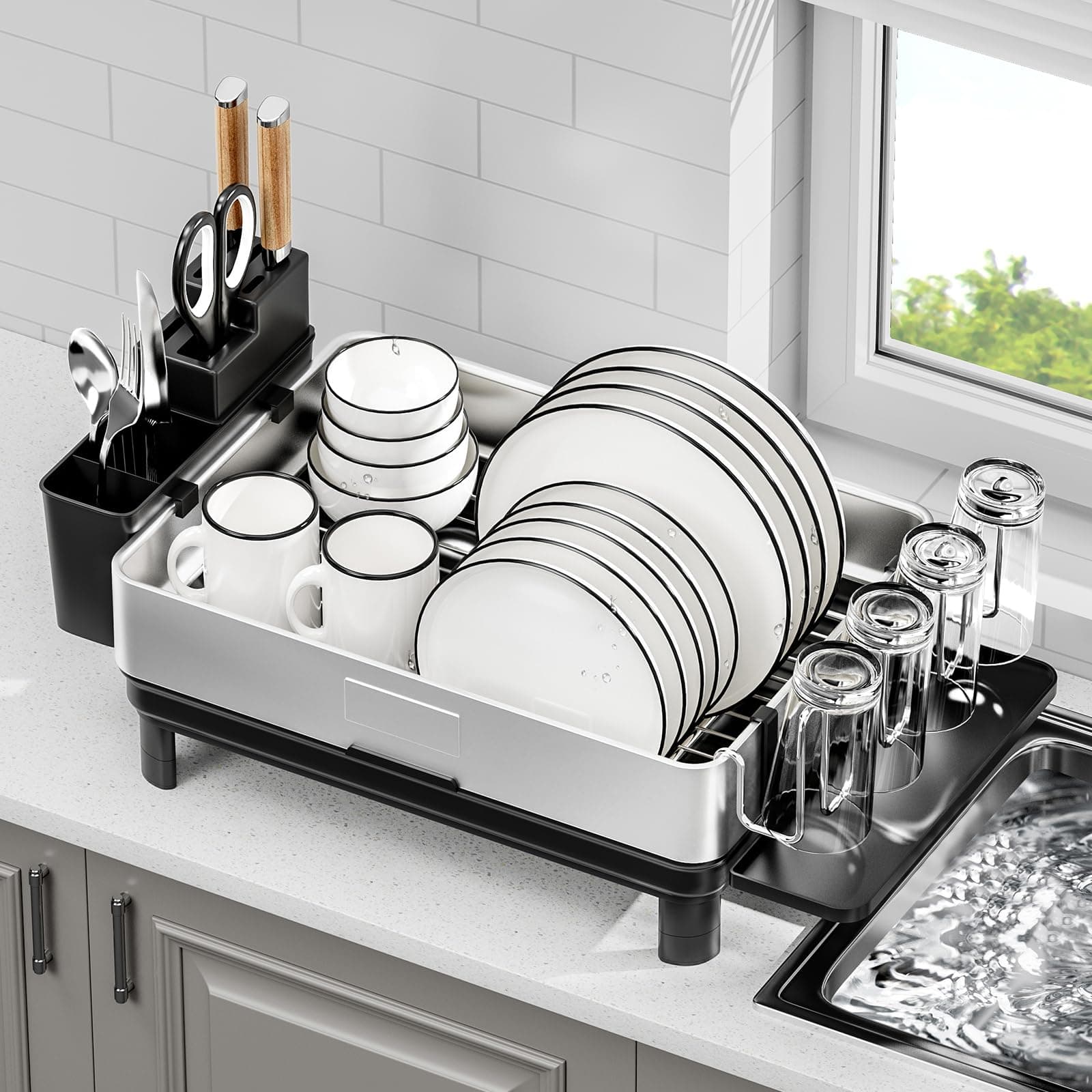 304 Stainless Steel Dish Drying Rack, Black, Kitchen Organizer with Drainage & Utensil Holder