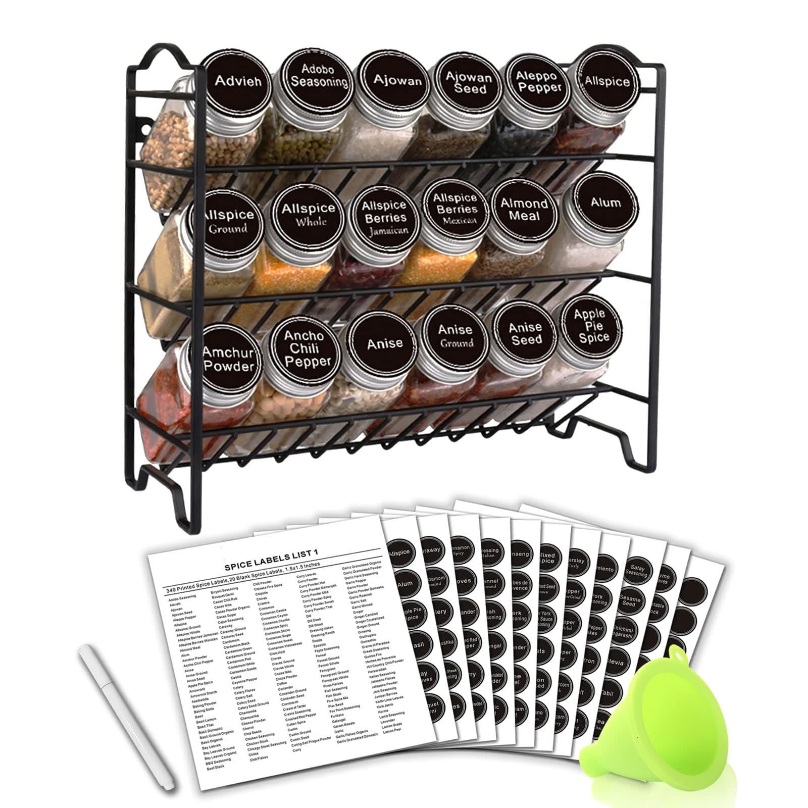 SWOMMOLY Spice Rack Organizer with 18 Square Jars, 396 Labels, Black