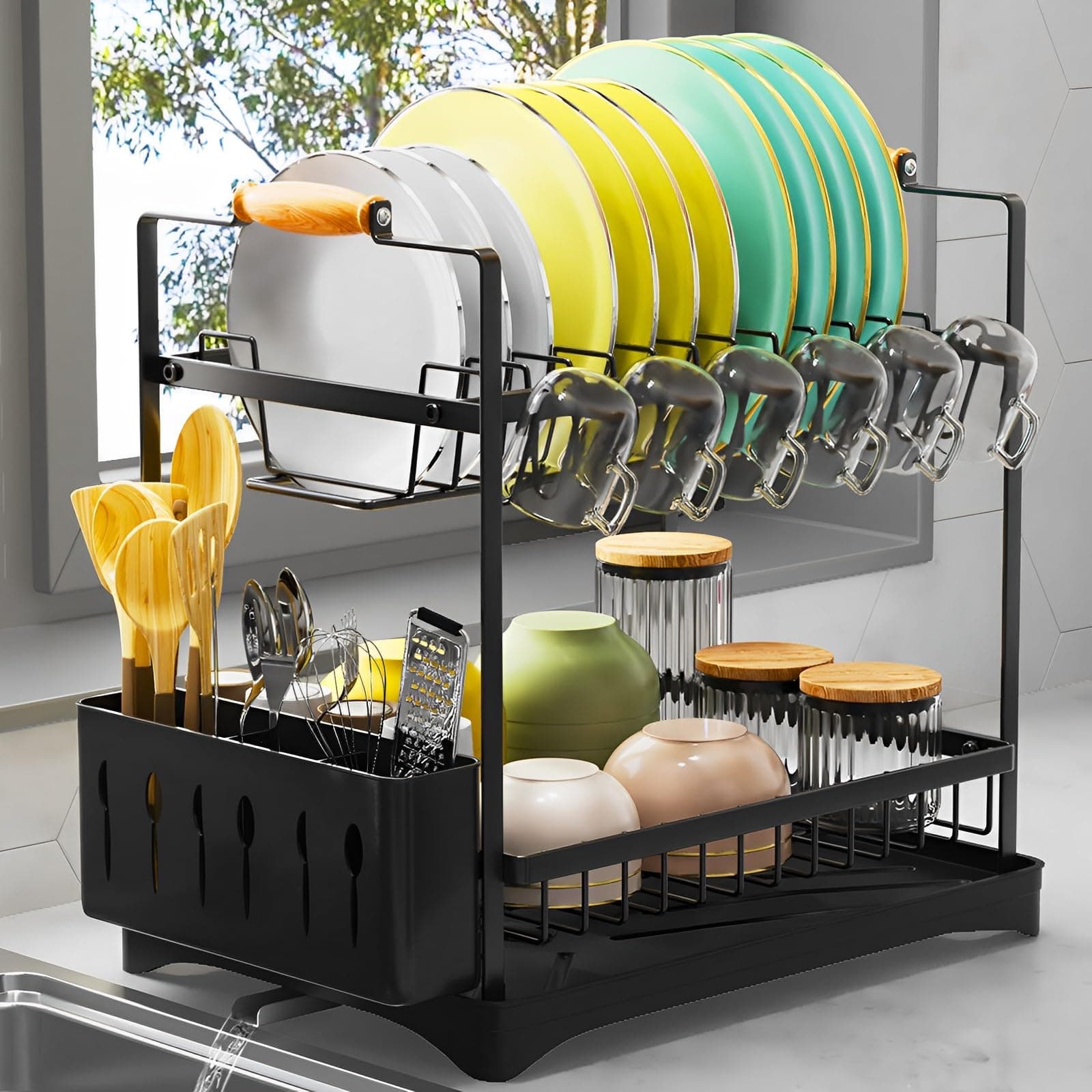 Black 2-Tier Kitchen Drying Rack with Drainboard and Cutlery Holder