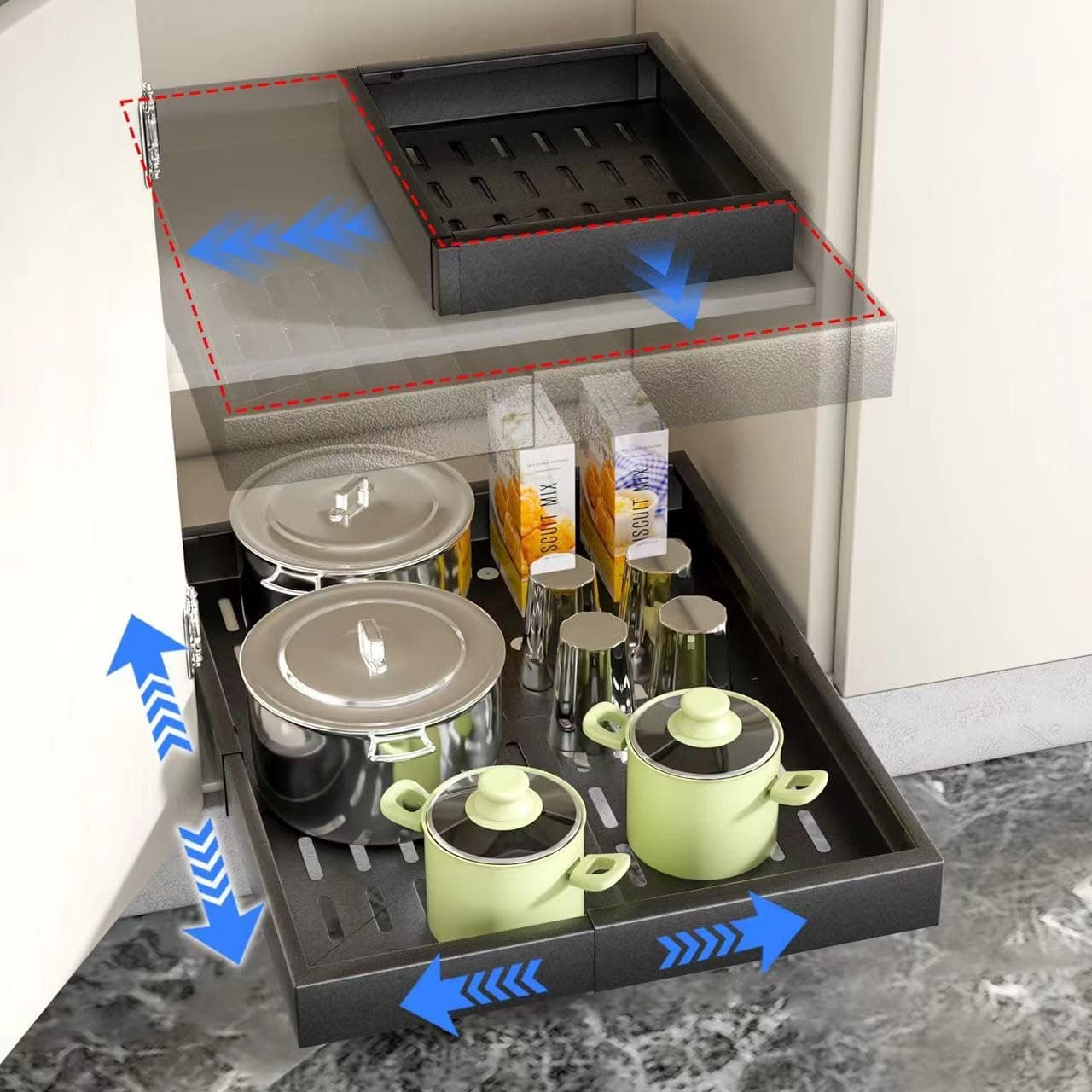 Black Minimalist Expandable Cabinet Organizer, 18" W x 5" H, 65 lbs Capacity, Kitchen Pantry Bathroom