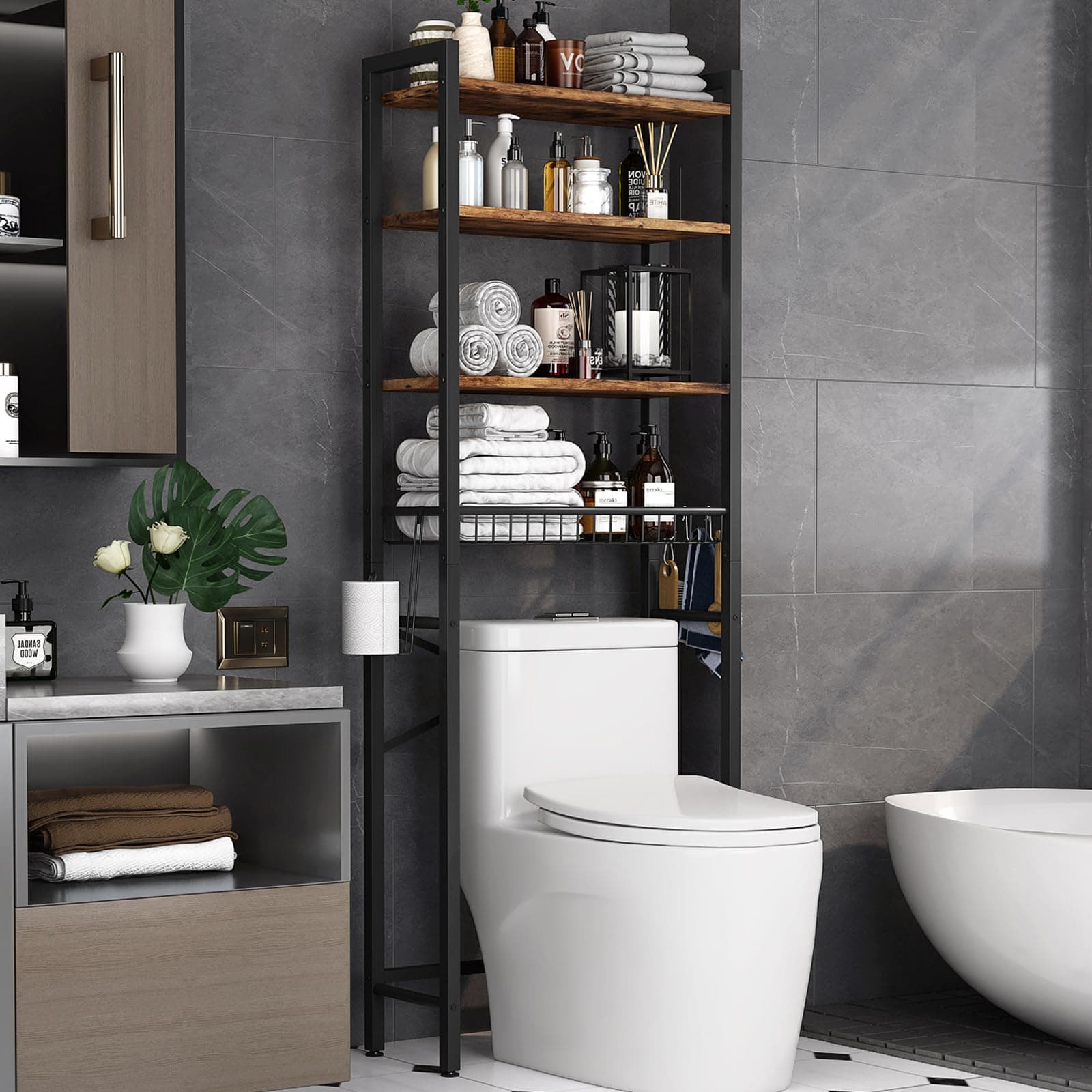 Over-The-Toilet 4-Tier Bathroom Organizer Shelf with Adjustable Basket - Vintage Brown