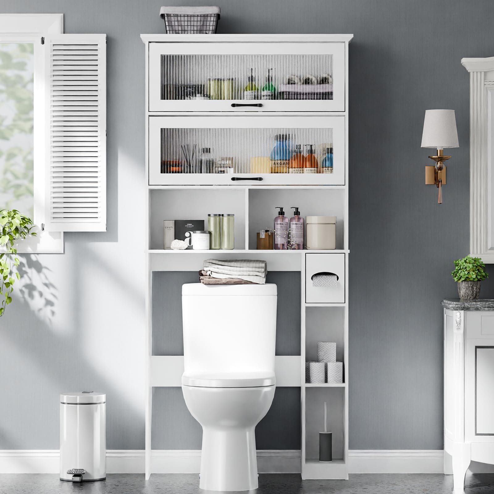 Bathroom Storage Cabinet with Transparent Door and Multiple Shelves, Freestanding Toilet Paper Organizer, White