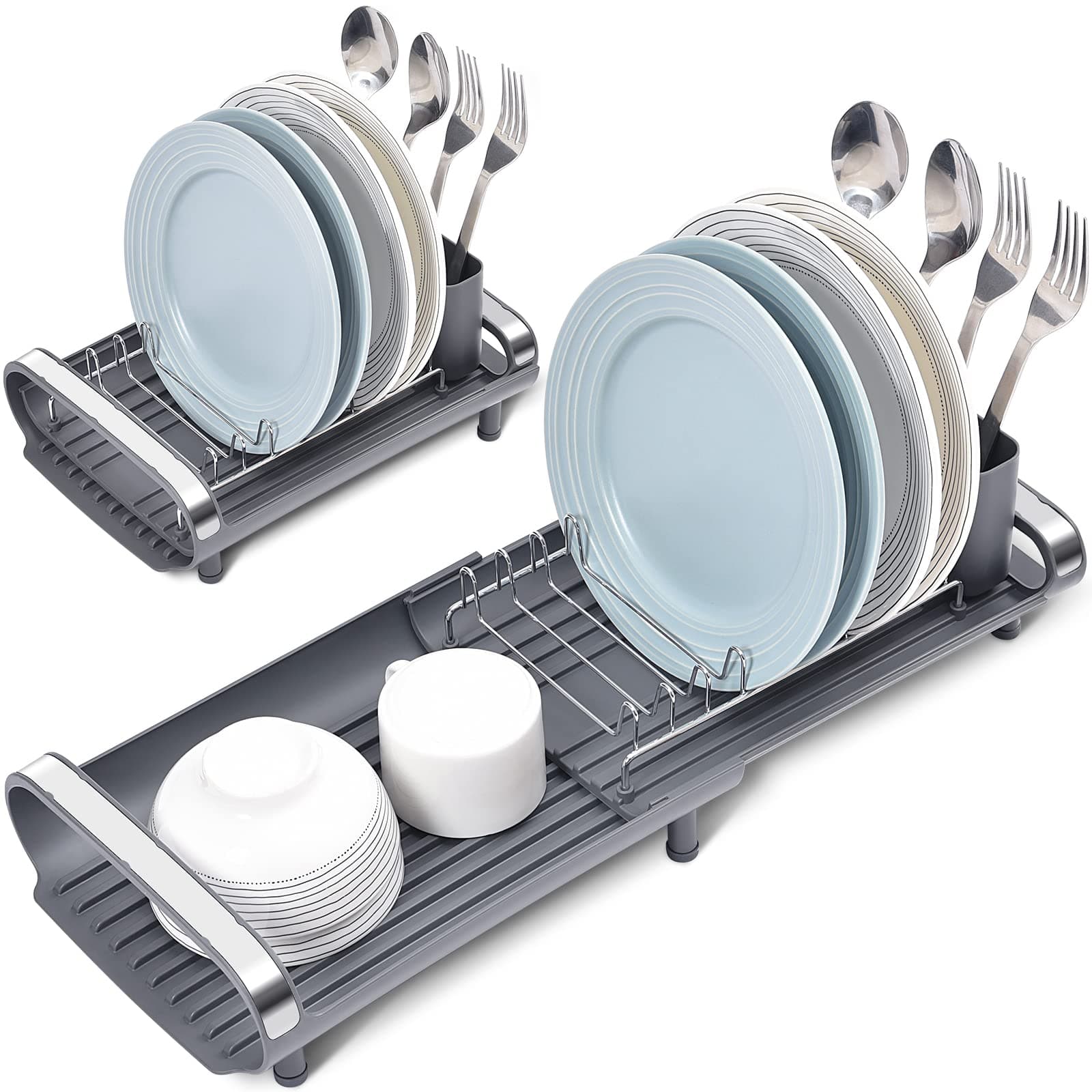TOOLF Expandable Stainless Steel Dish Drying Rack, Anti-Rust with Cutlery Holder
