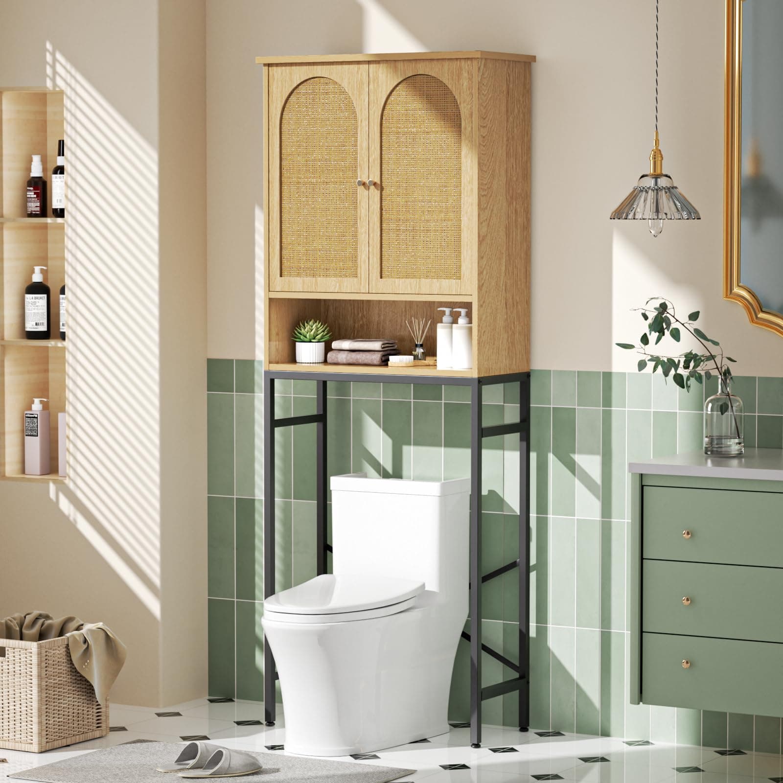 Tall Rattan Toilet Storage Cabinet with Metal Stand, Bathroom Organizer