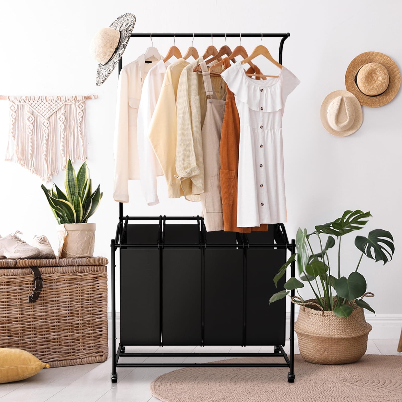 Black LUCKUP 4-Section Laundry Sorter with Hanging Bar