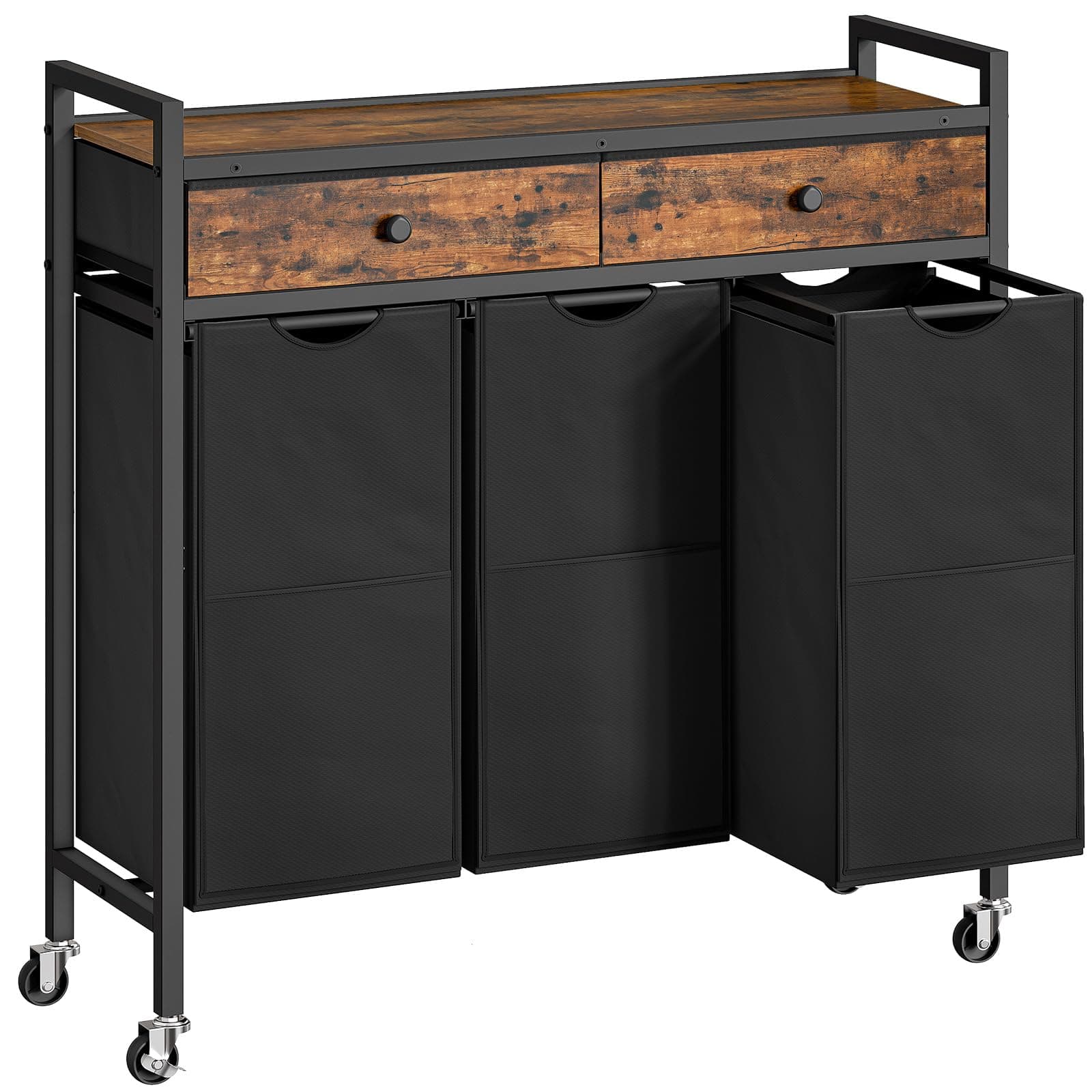 HOOBRO 3-Section 130L Rustic Brown Laundry Sorter with Drawers and Bags BF78XY01