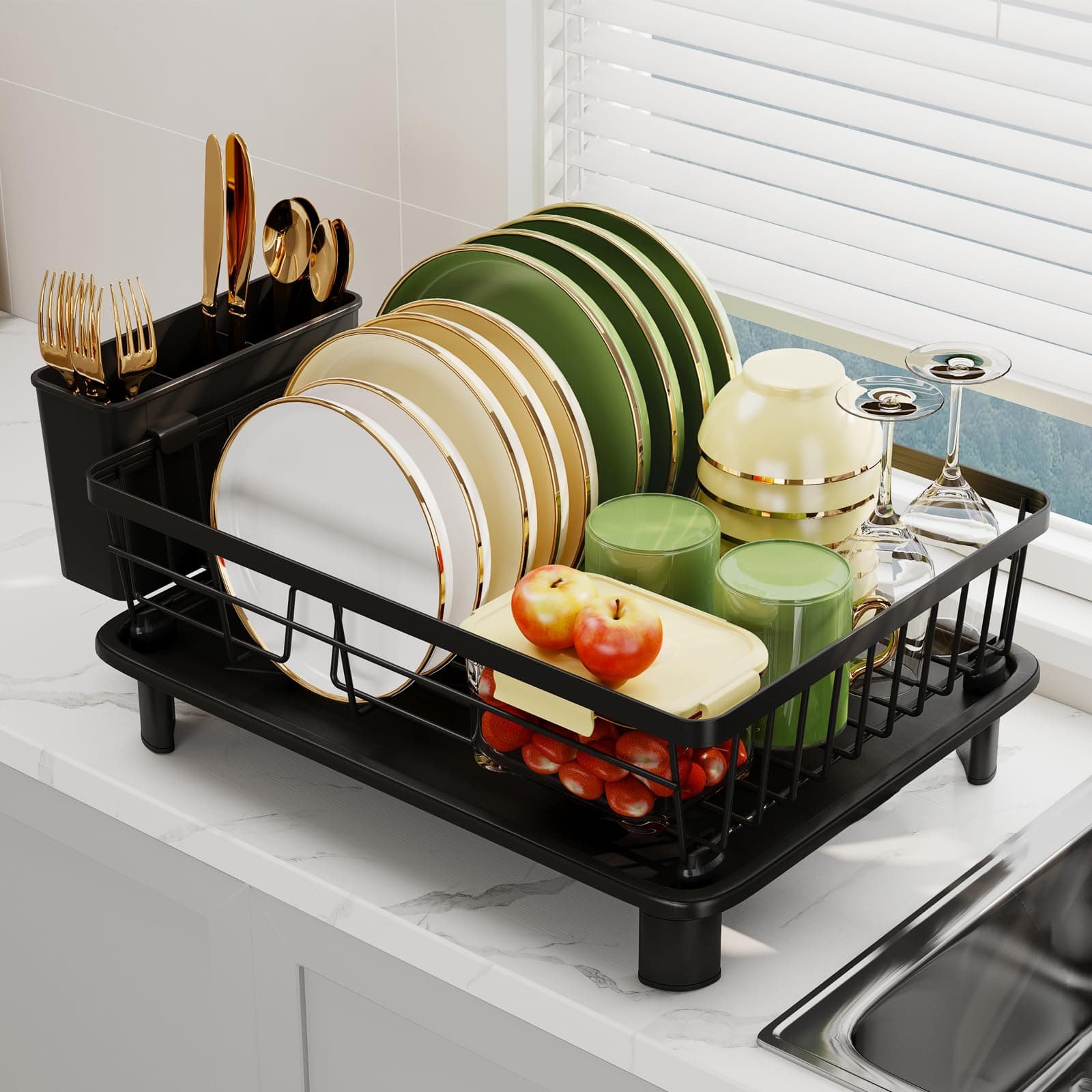 Stainless Steel Dish Drainer Rack with Drip Tray & Holders, Black