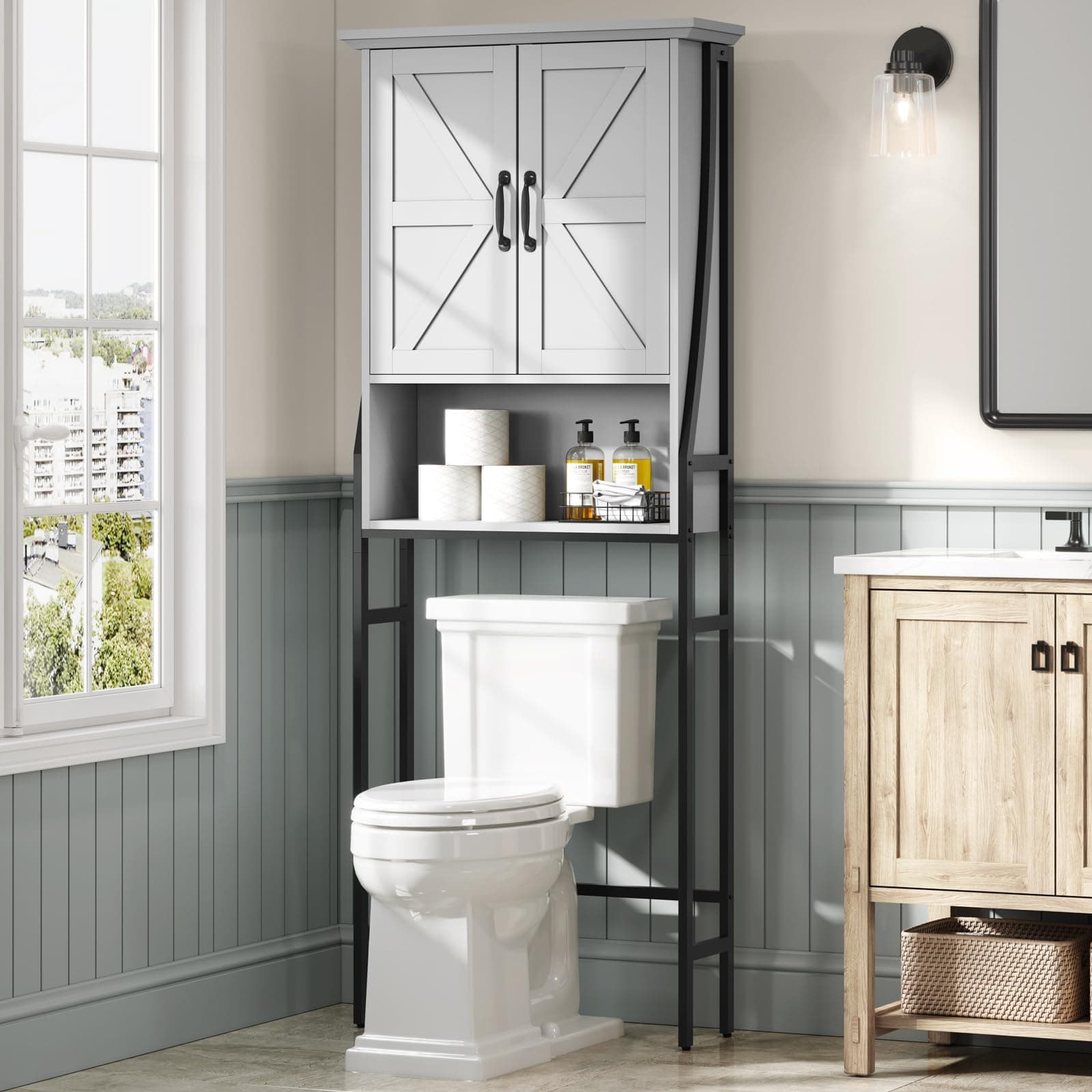 Gray Over the Toilet Organizer with Barn Doors and Storage Cabinet