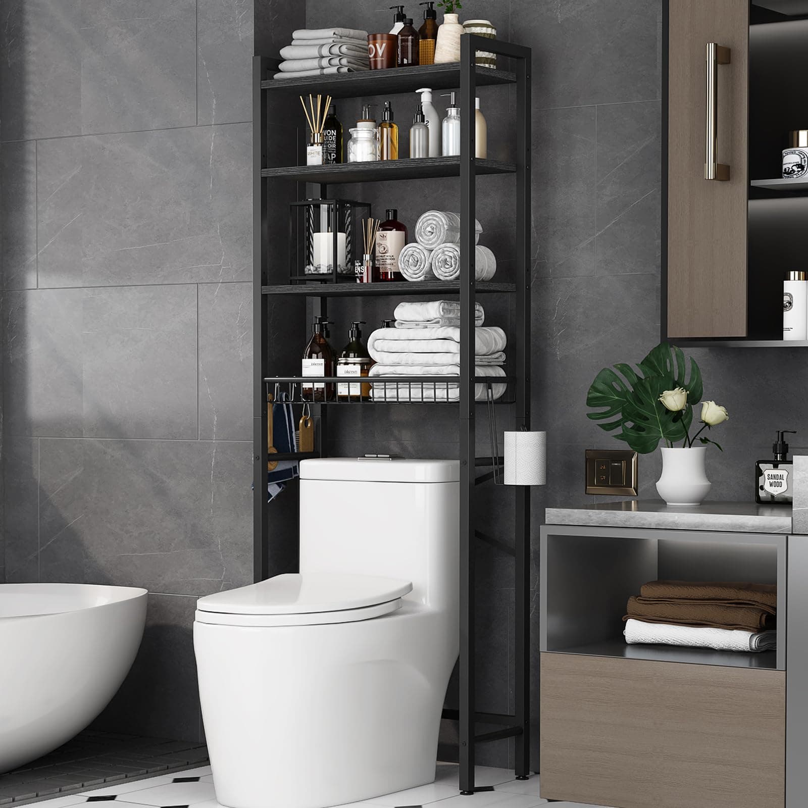 4-Tier Over-The-Toilet Storage Rack with Adjustable Shelf and Basket