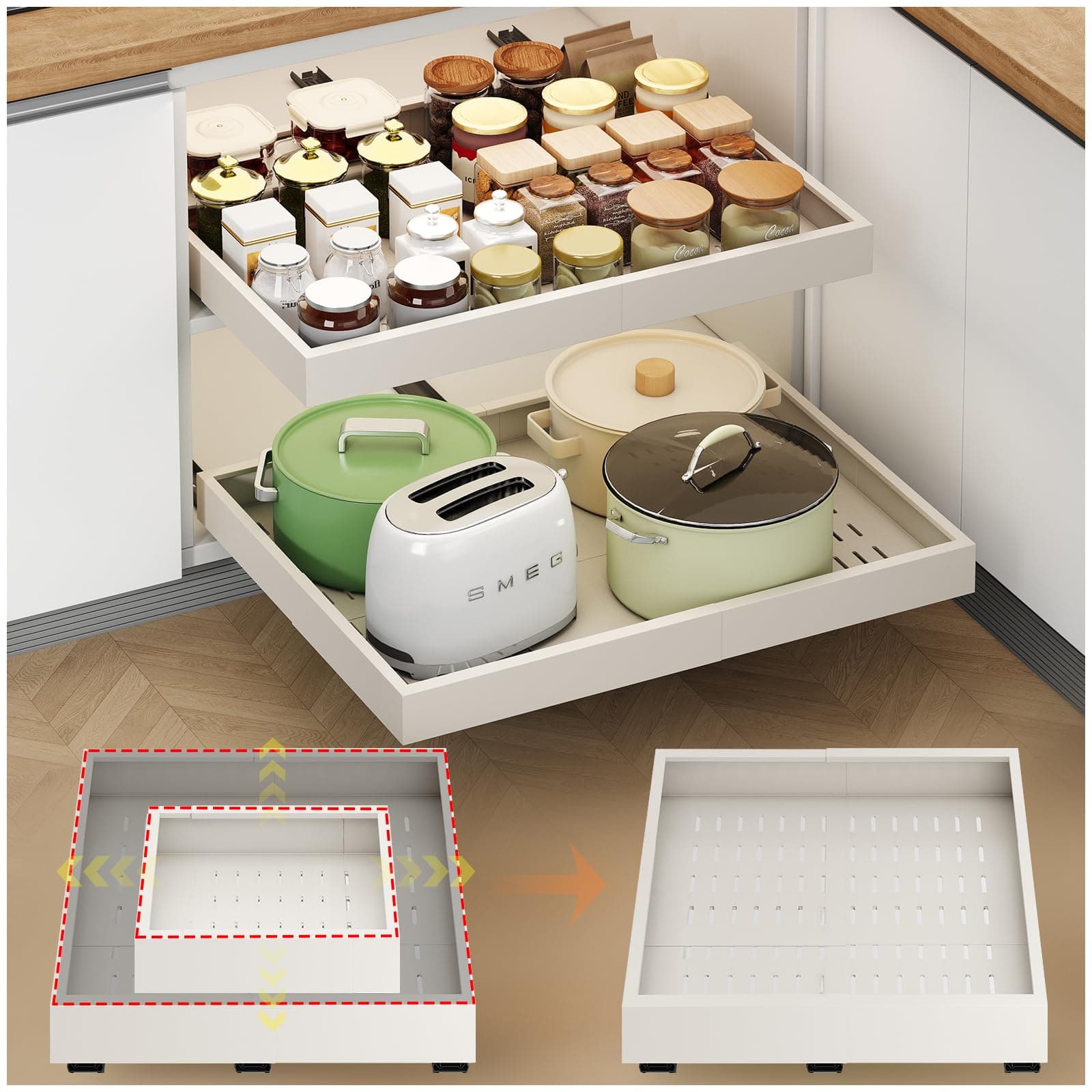 Expandable 2PC Cabinet Organizer, White, Adhesive Sliding Drawers, 14"-21" W, 17"-24" D