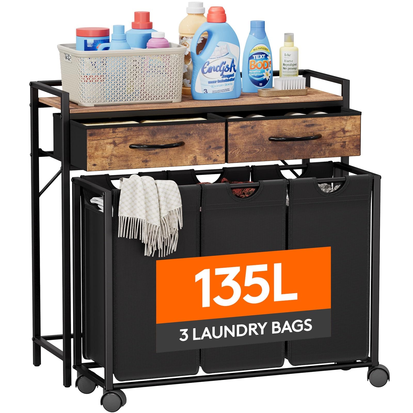 Lifewit Large Rolling Laundry Sorter with Shelf & Drawers, Rustic Brown and Black