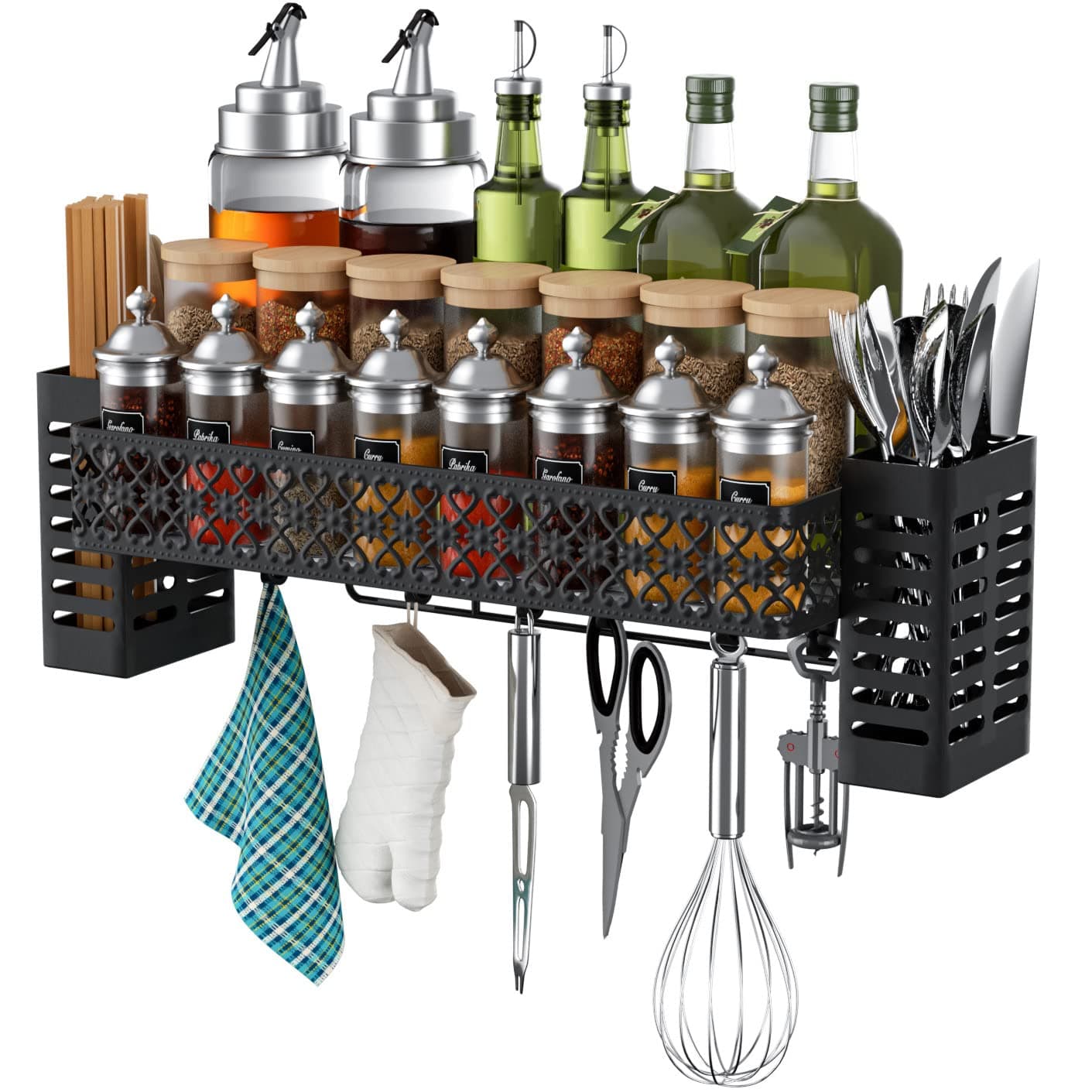 Wall-Mounted Spice Rack with Utensil Holder for Kitchen, Black