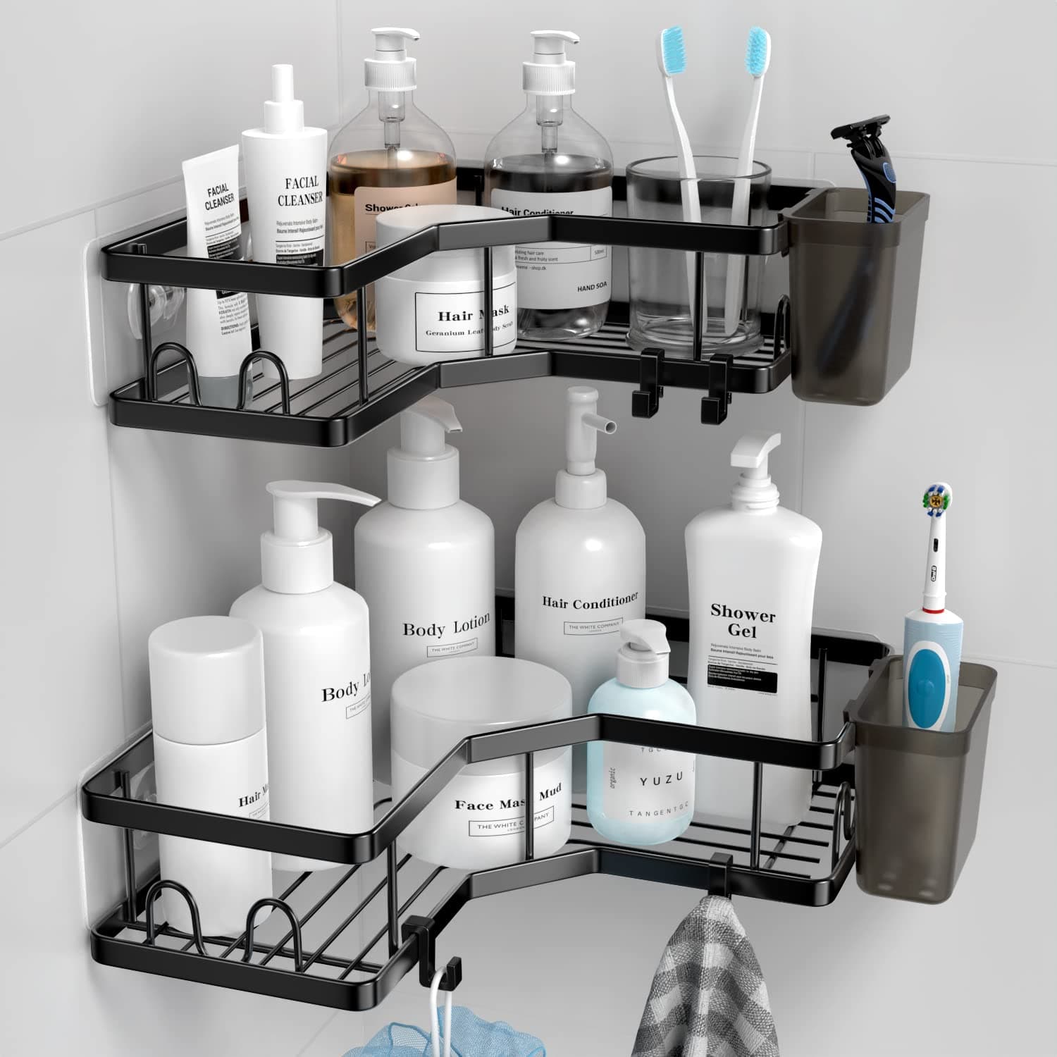 Stainless Steel Adhesive Corner Shower Caddy, 2 Pack, Hooks & Toothpaste Holder