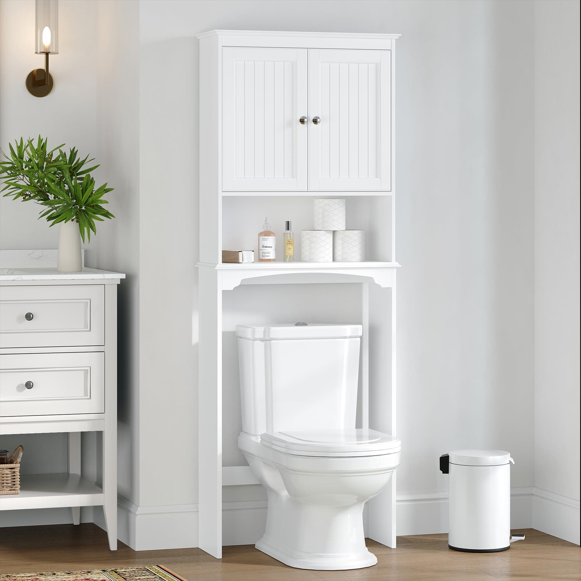 Spirich White Toilet Storage Cabinet with Organizer Shelves