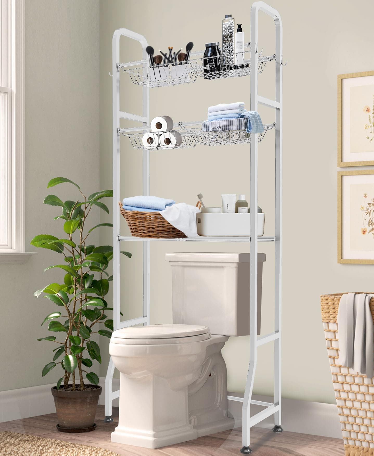 White Over-the-Toilet Storage Rack with 3-Tier Shelf & 6 Adjustable Shelves + 4 Hooks