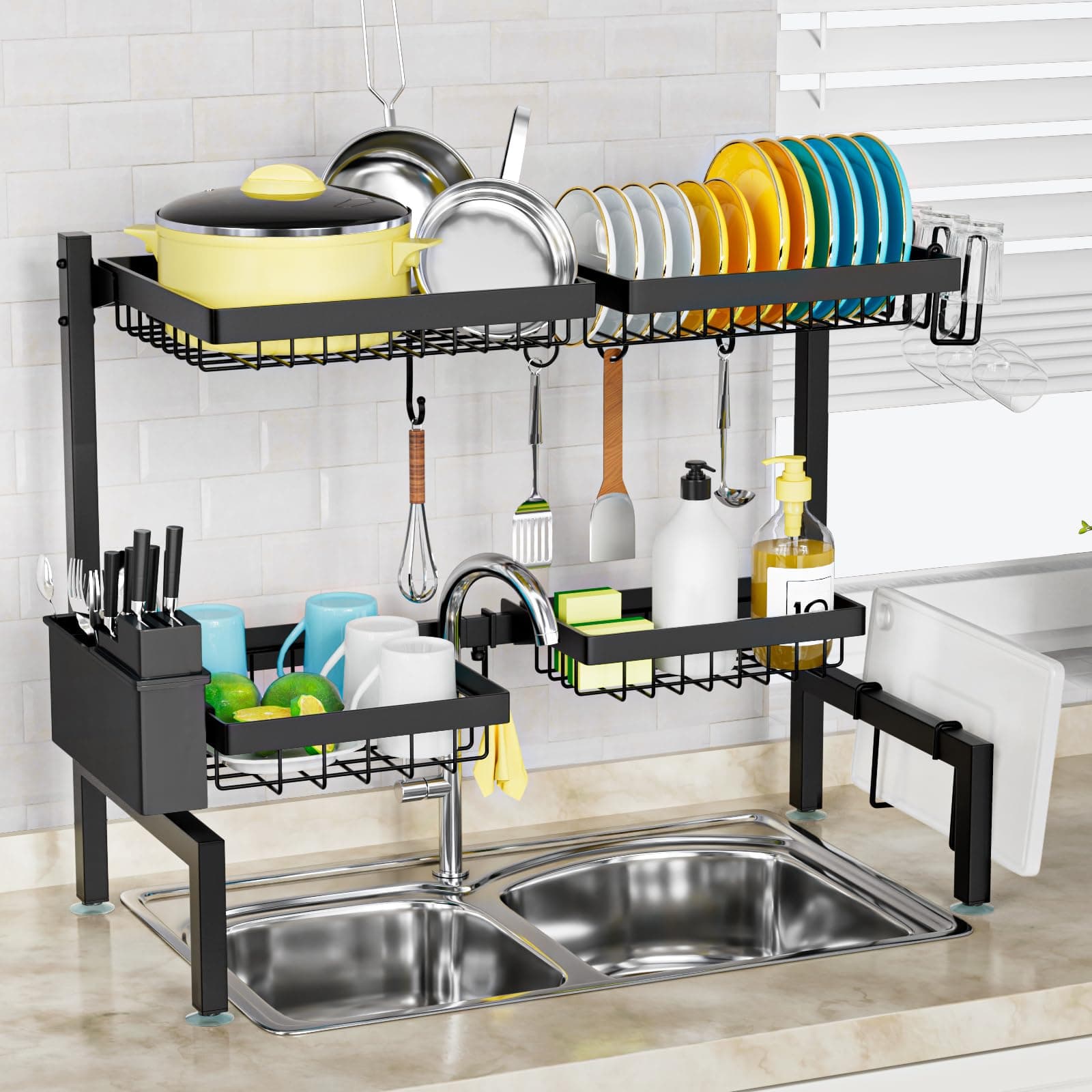 SNSLXH 2-Tier 4-Basket Over Sink Dish Drying Rack, Extensible & Adjustable, Large Kitchen Space Saver