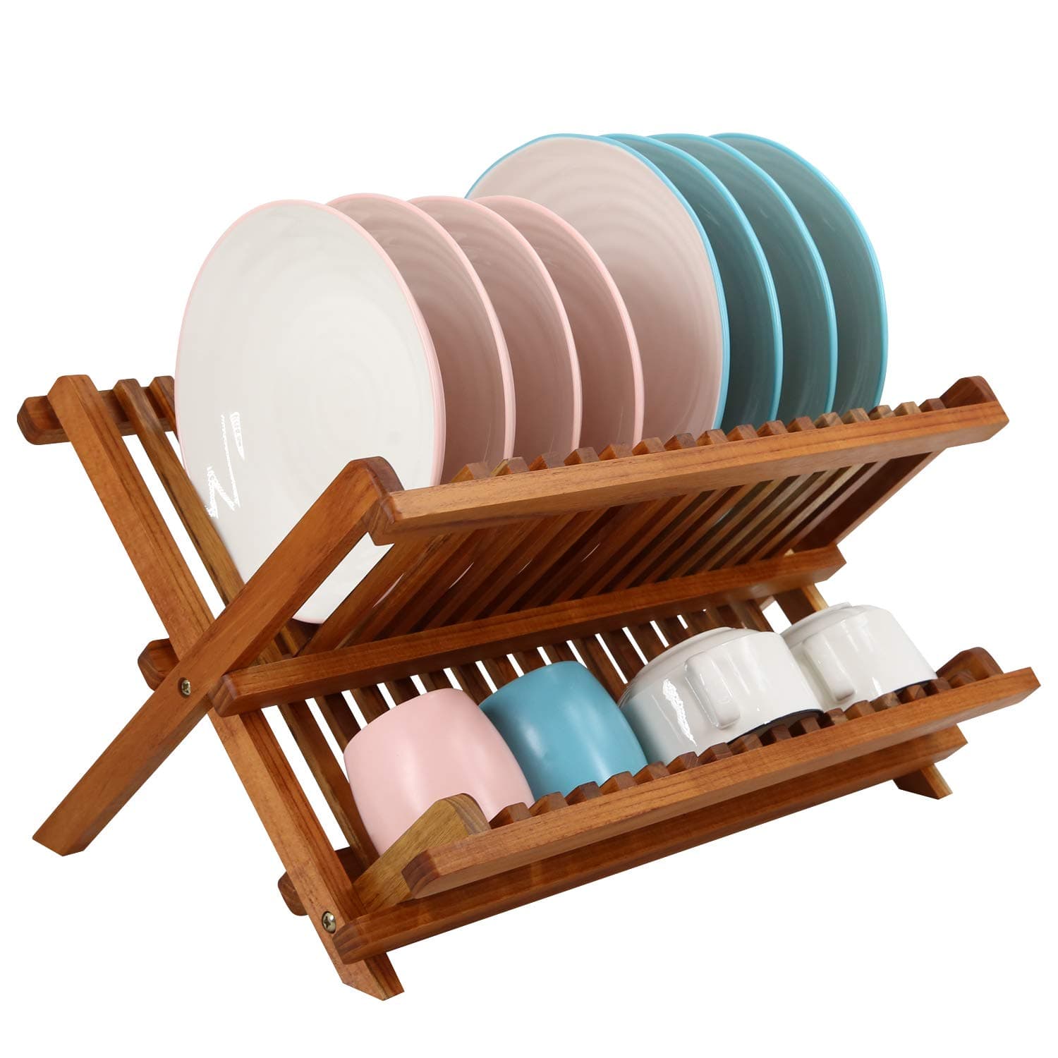 Utoplike Collapsible 2-Tier Teak Dish Drainer for Kitchen