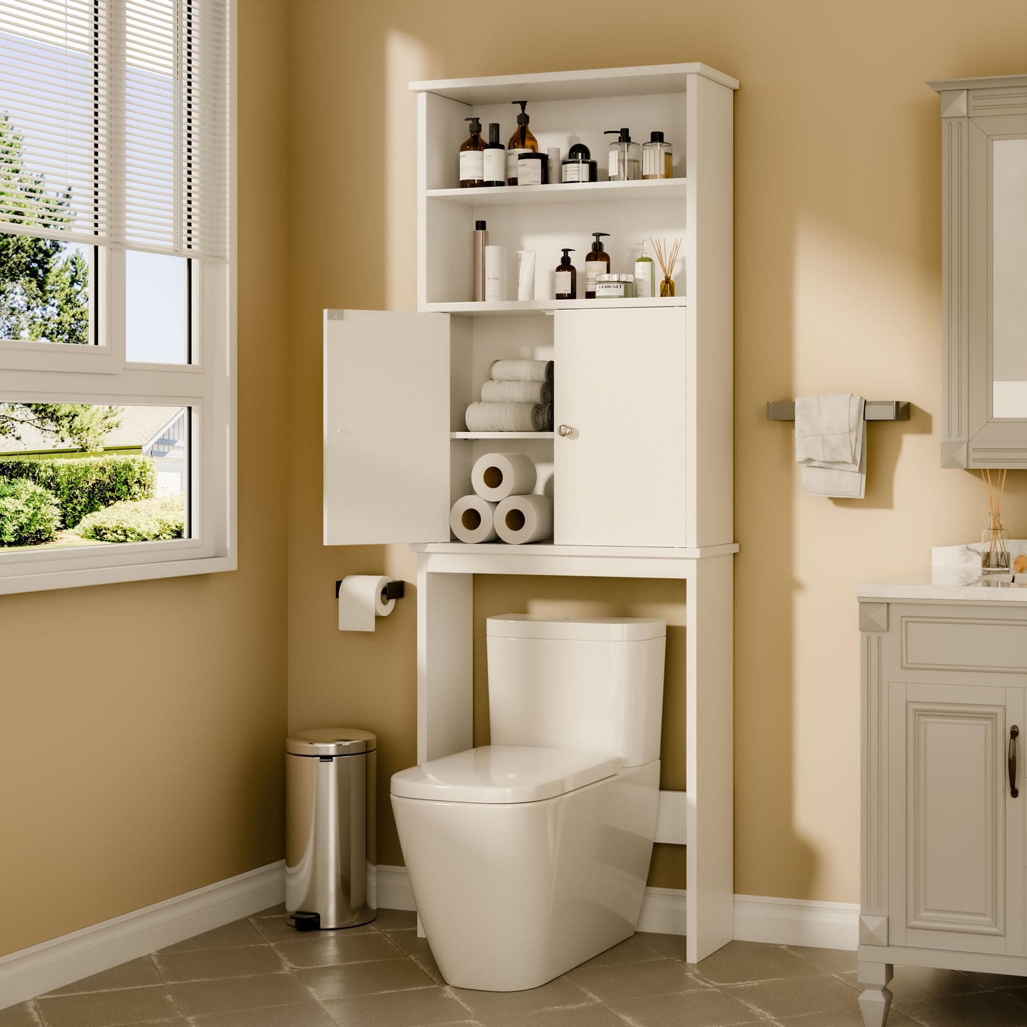Walsunny Toilet Storage Cabinet, White - Open Shelves, Double Doors, Space-Saving Organizer