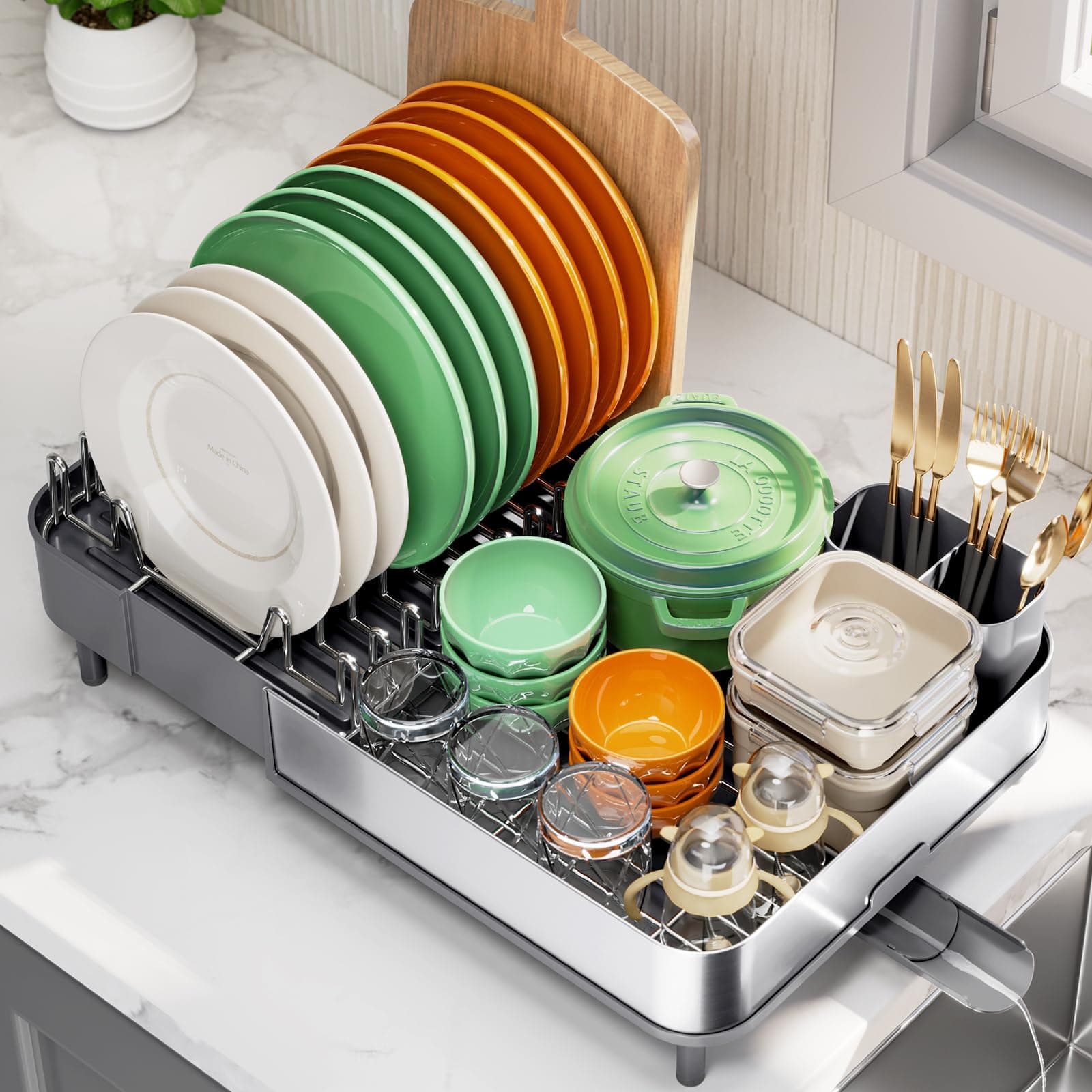 Expandable 304 Stainless Steel Dish Drying Rack, Foldable with Cutlery Holder, Gray Kitchen Rack