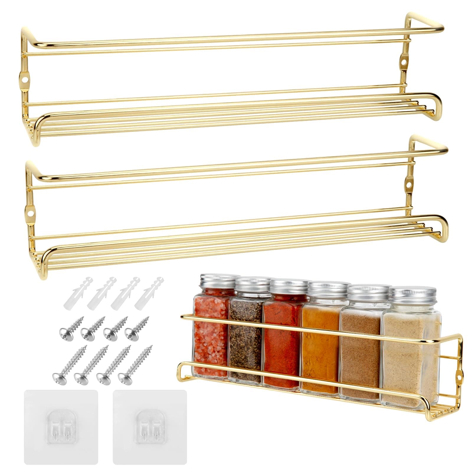2 Pack Gold Self-Adhesive Metal Spice Racks for Fridge Doors & Kitchens