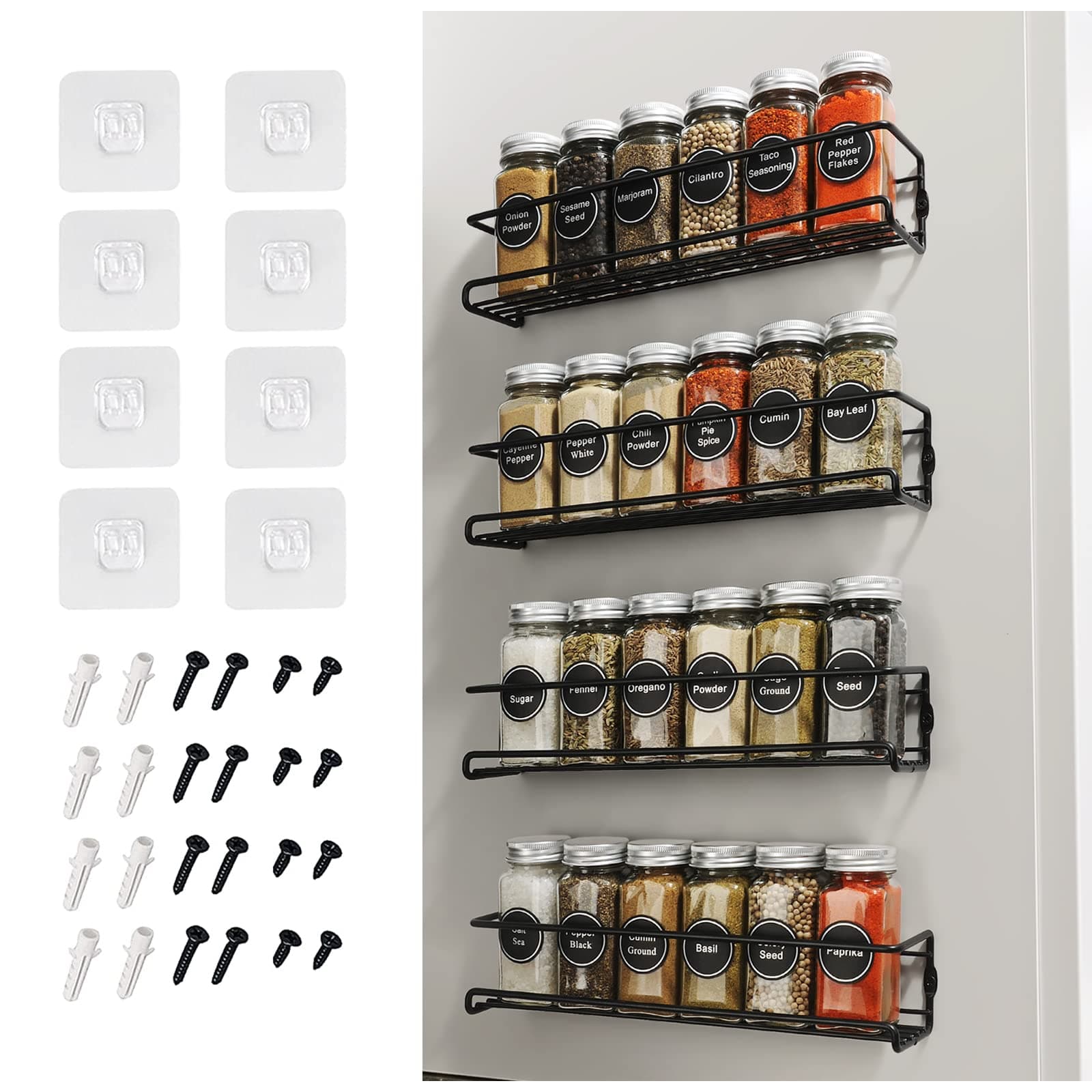 Wall-Mounted 4-Piece Spice Rack Organizer for Jars and Seasonings, Screw or Adhesive Installation for Kitchen Cabinet or Pantry Door