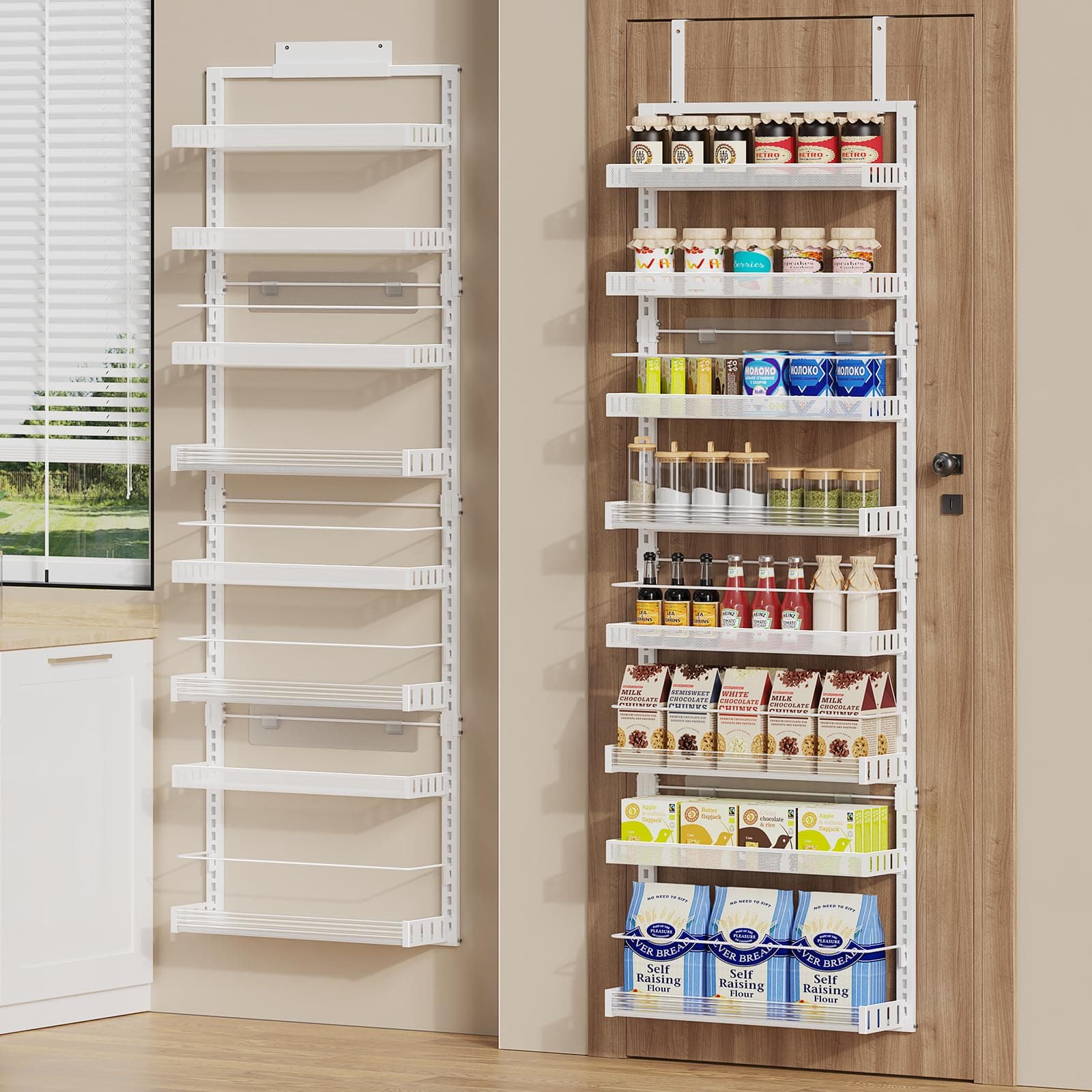 Over the Door Pantry Organizer, Large 8-Tier White Wall Mount Storage