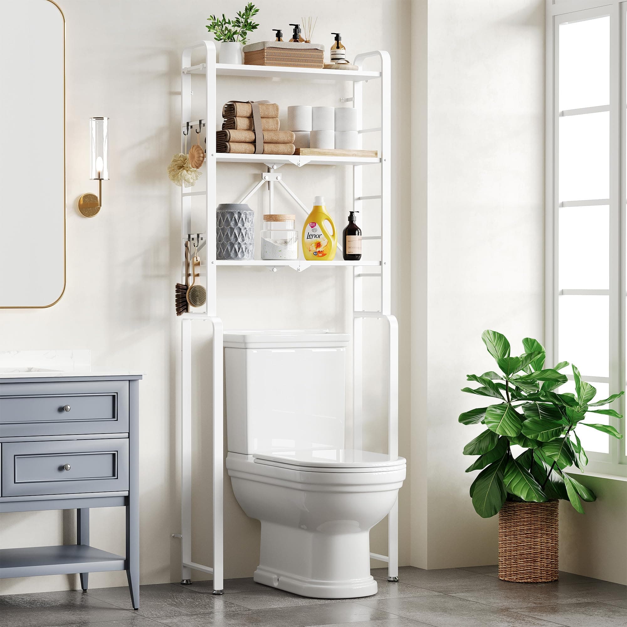 White Freestanding 3-Tier Anti-Tip Toilet Organizer Behind Toilet Space Saver