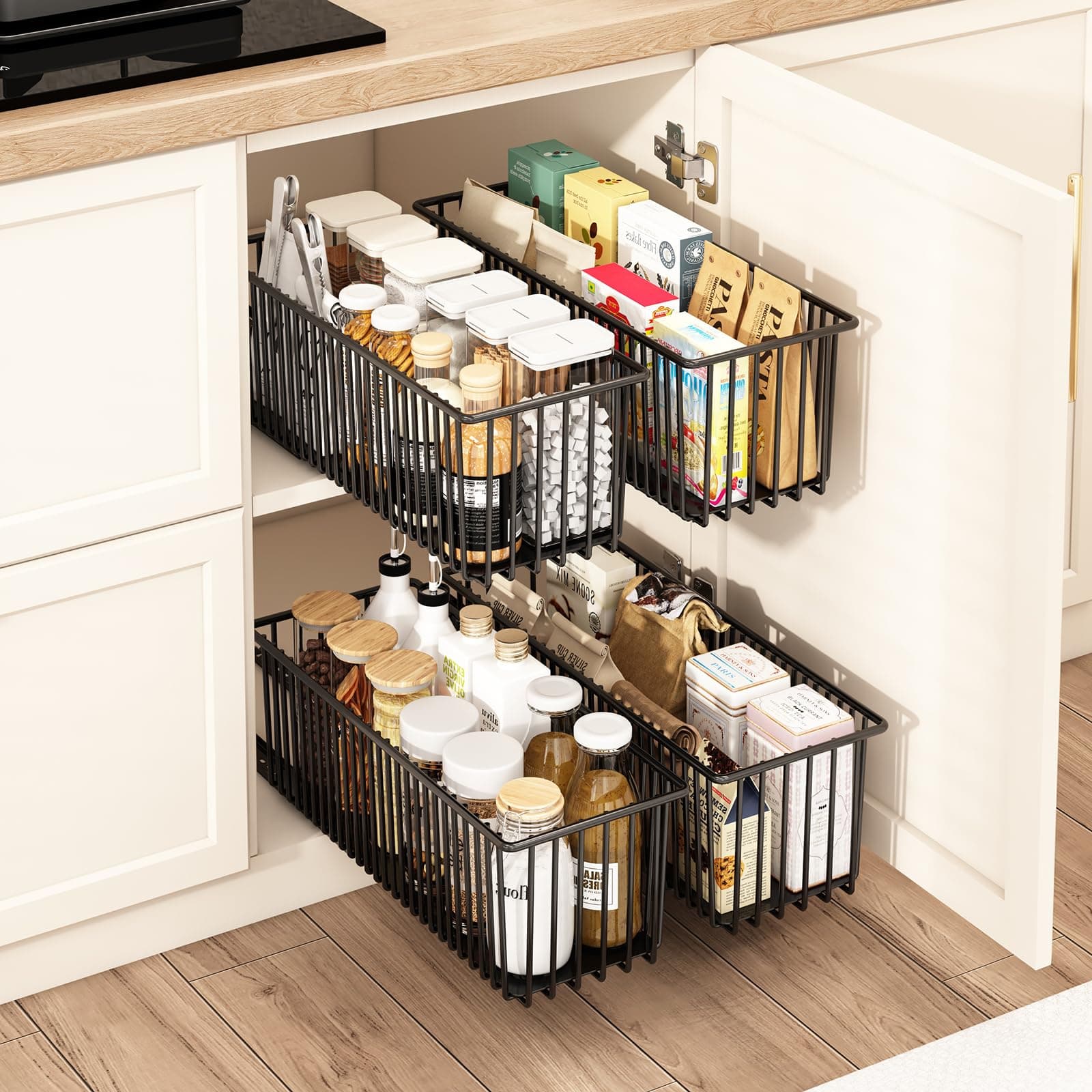 4 Pack Black Pull Out Basket Drawers for Kitchen & Bathroom Cabinets