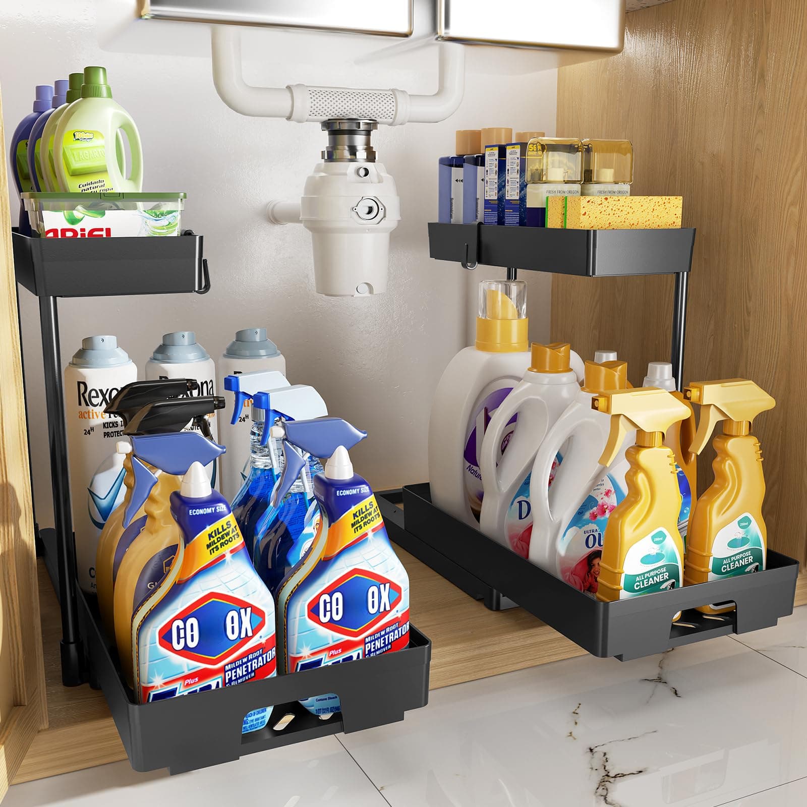 Delamu Under Sink Organizers: 2 Pack L-Shaped Pull-Out Cabinet Storage with Drawer for Bathroom and Kitchen