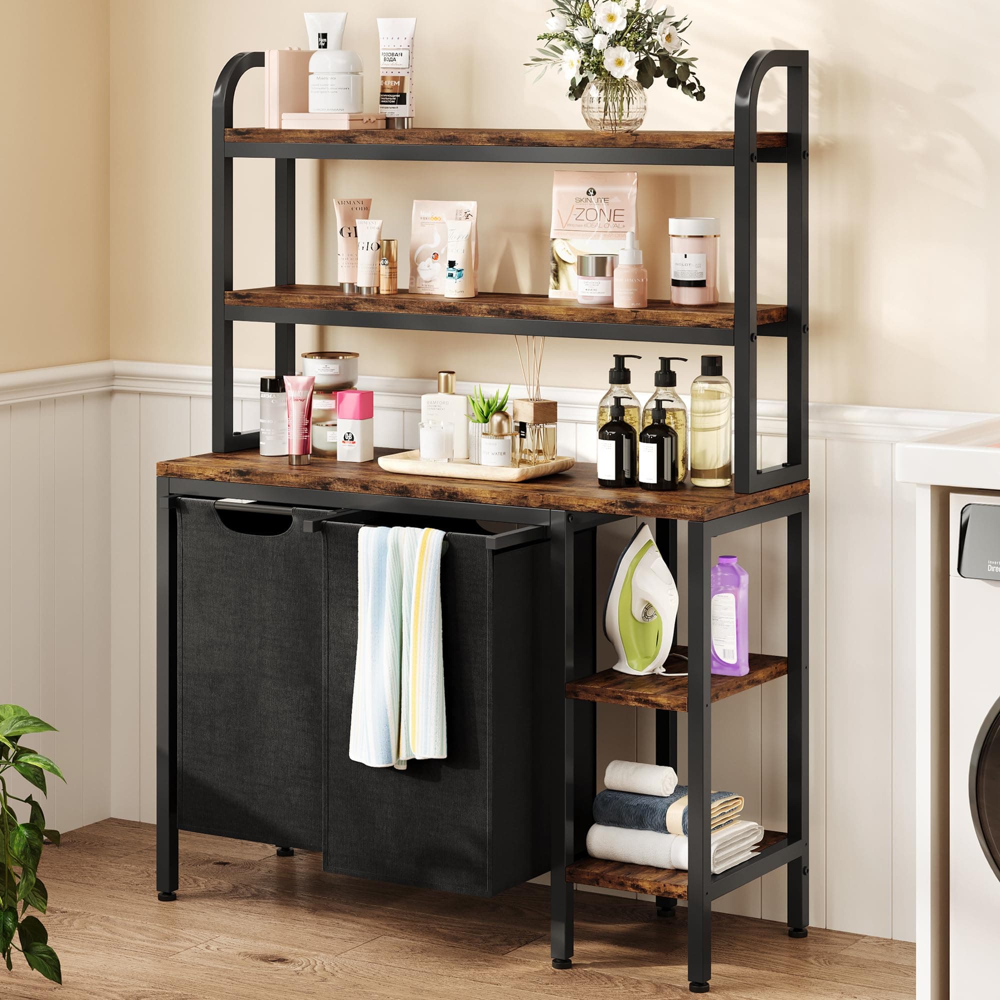 GAOMON 2-Section Laundry Hamper with Shelves & Sorter, Black & Brown